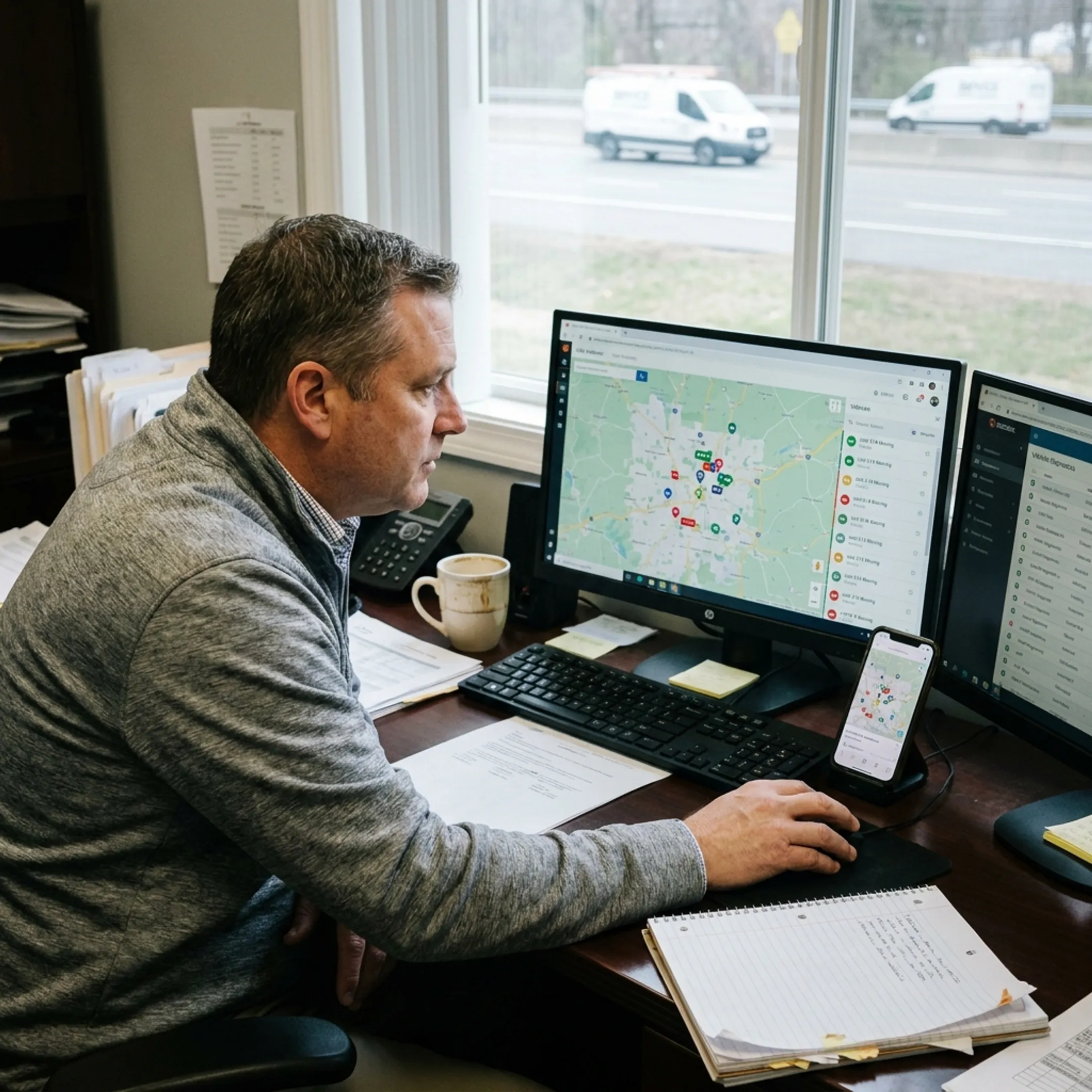 Fleet manager reviewing vehicle locations