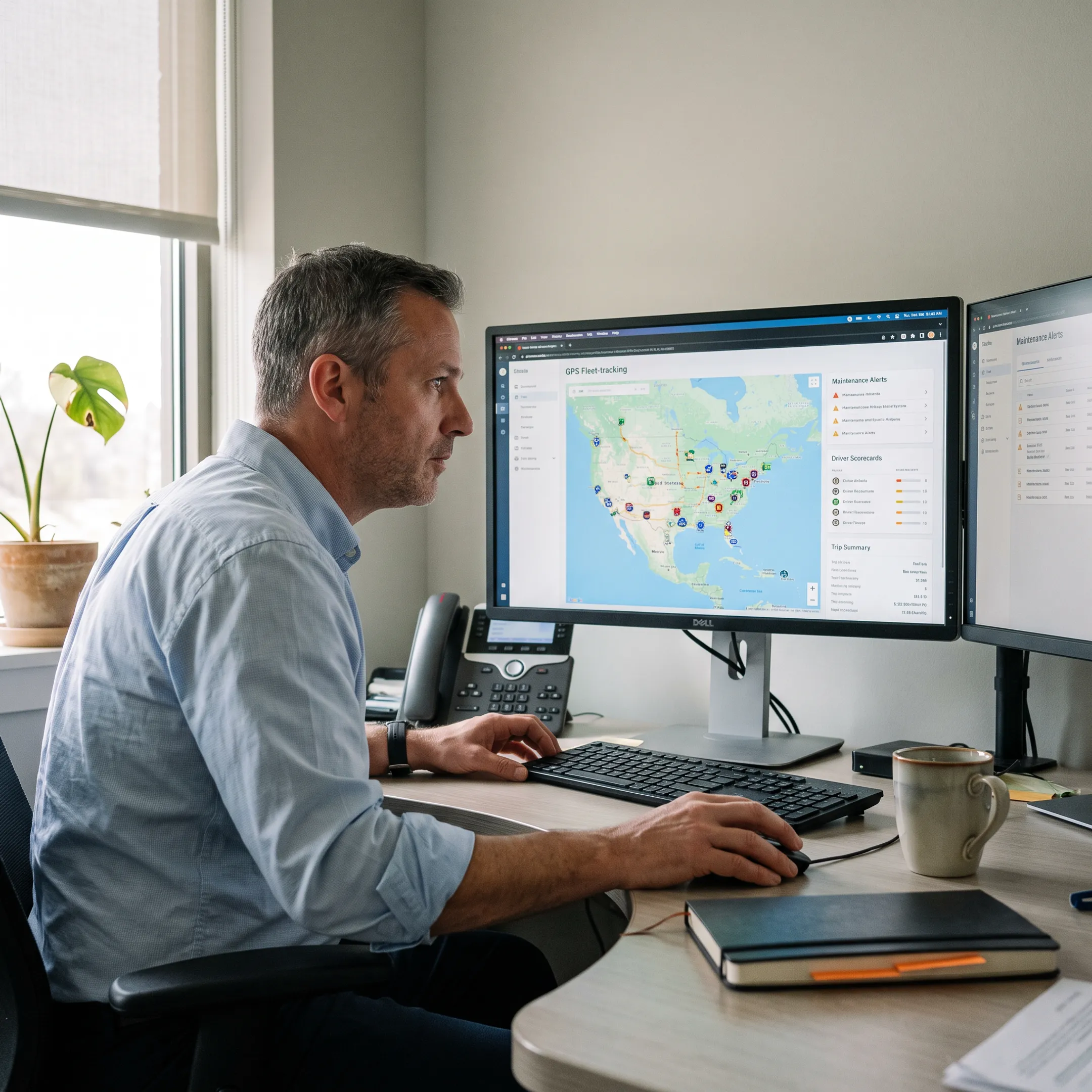 Fleet manager reviewing real-time vehicle tracking dashboard