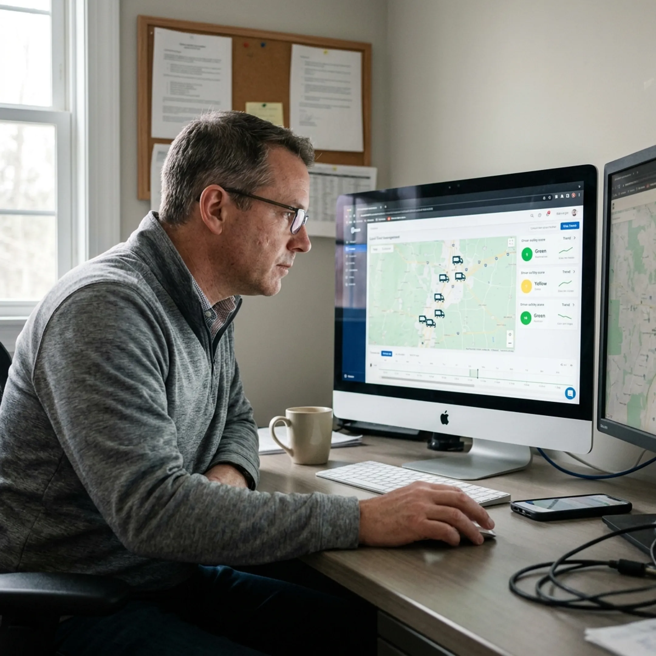 Fleet manager reviewing truck locations