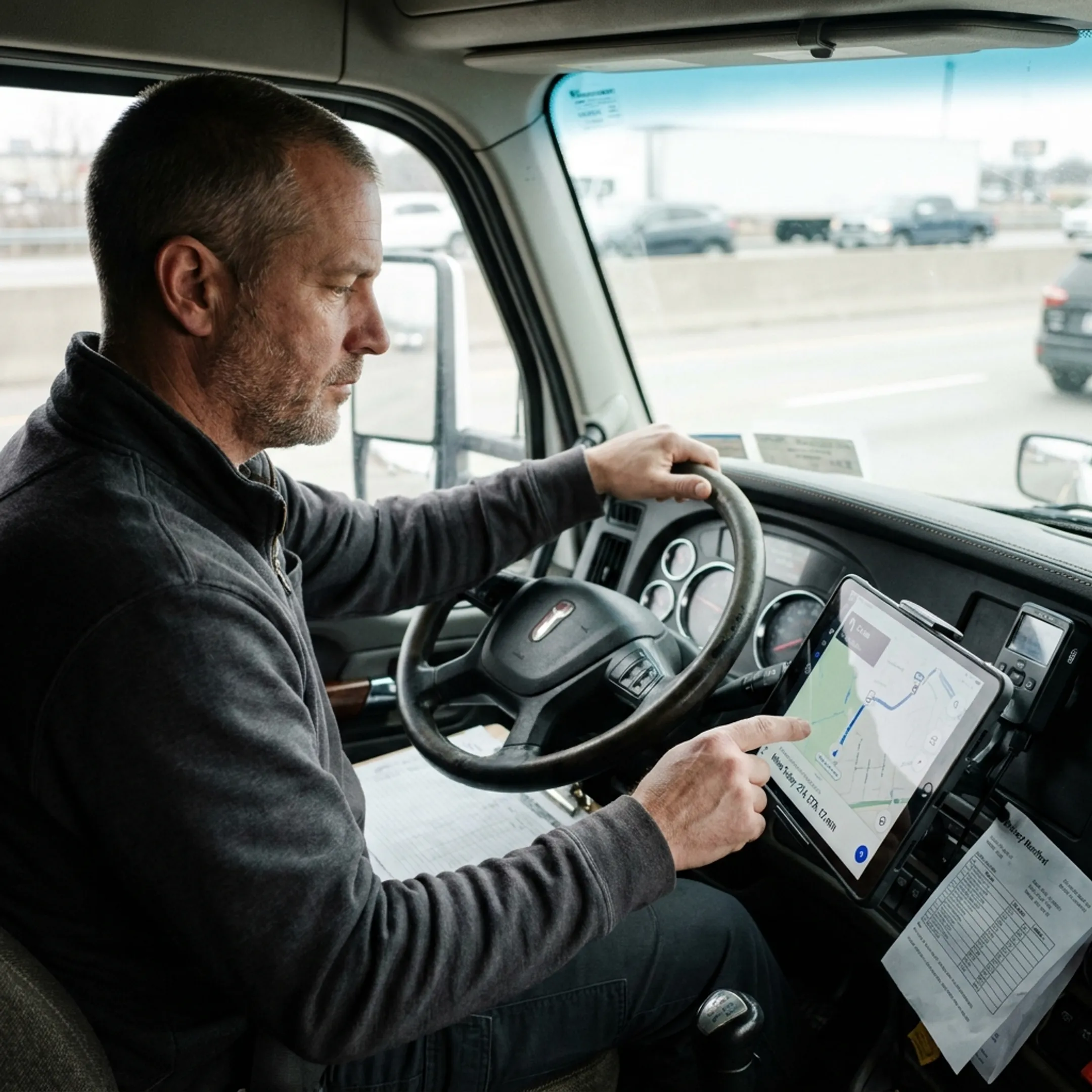 Truck driver using a GPS fleet tracking app