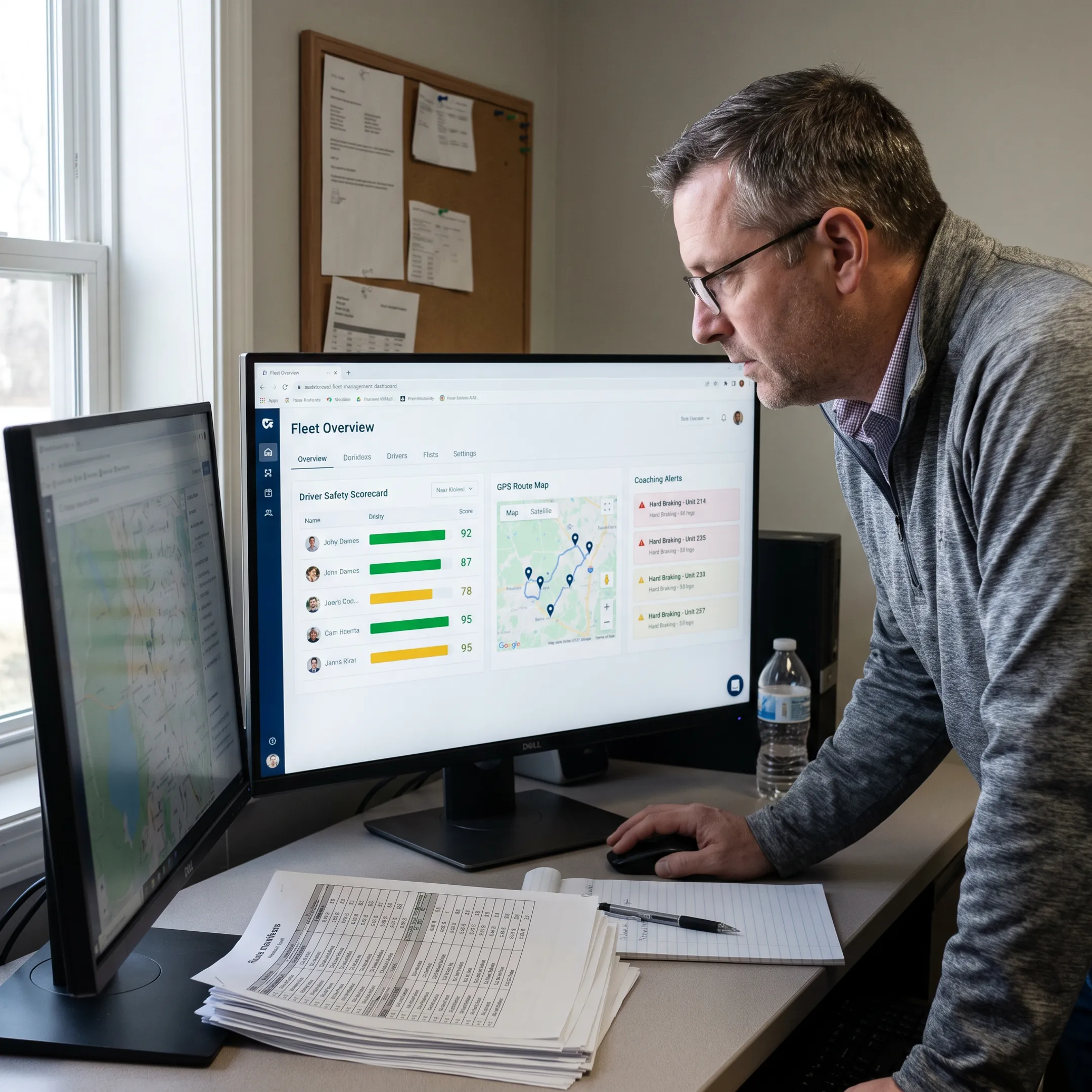 Fleet manager reviewing driver safety software