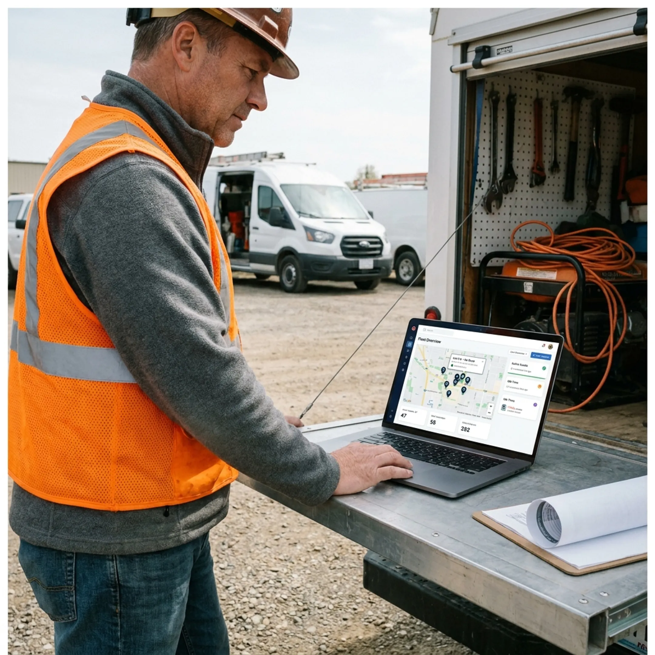 GPS-tracked equipment and trailers at a work site