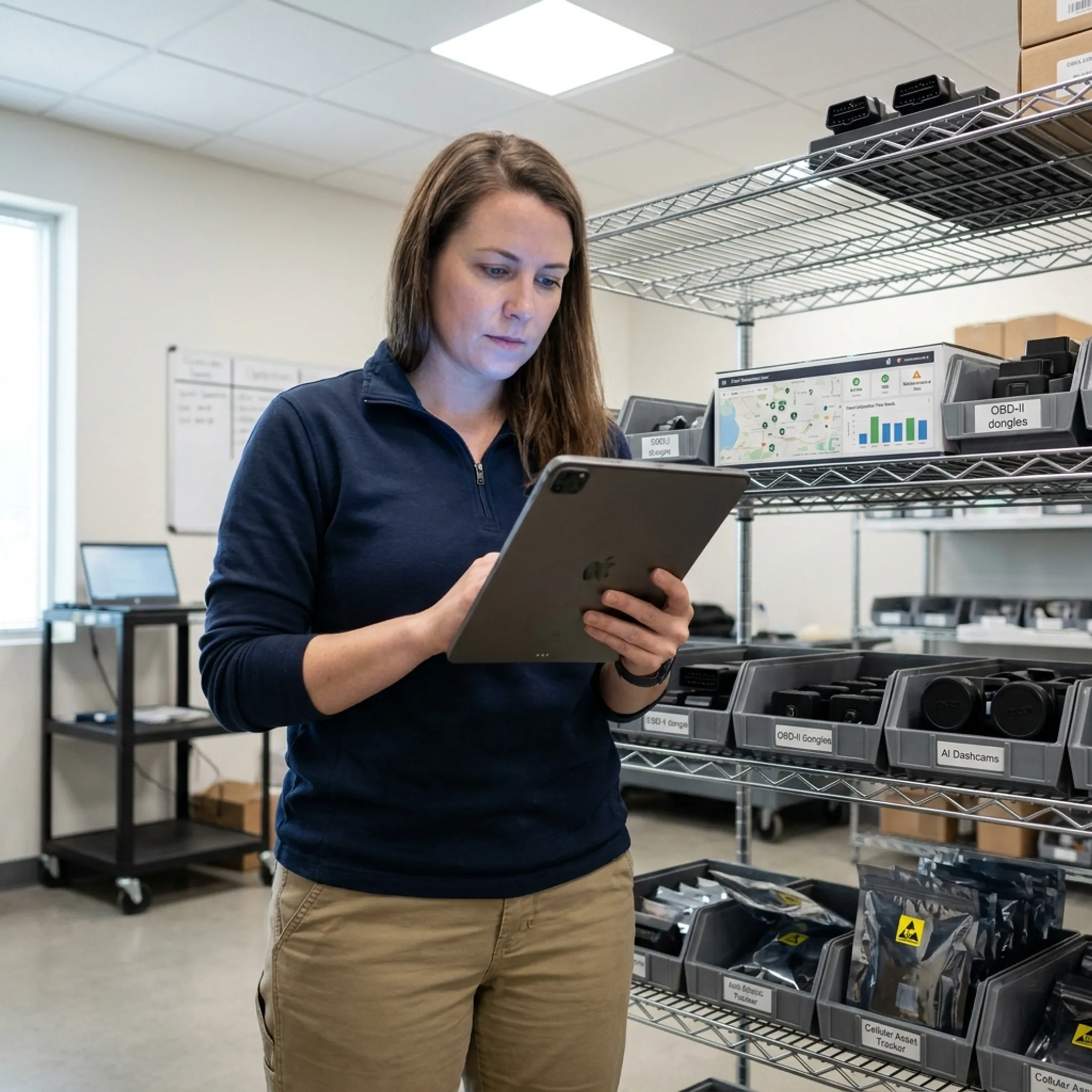 Healthcare worker reviewing tracked medical equipment