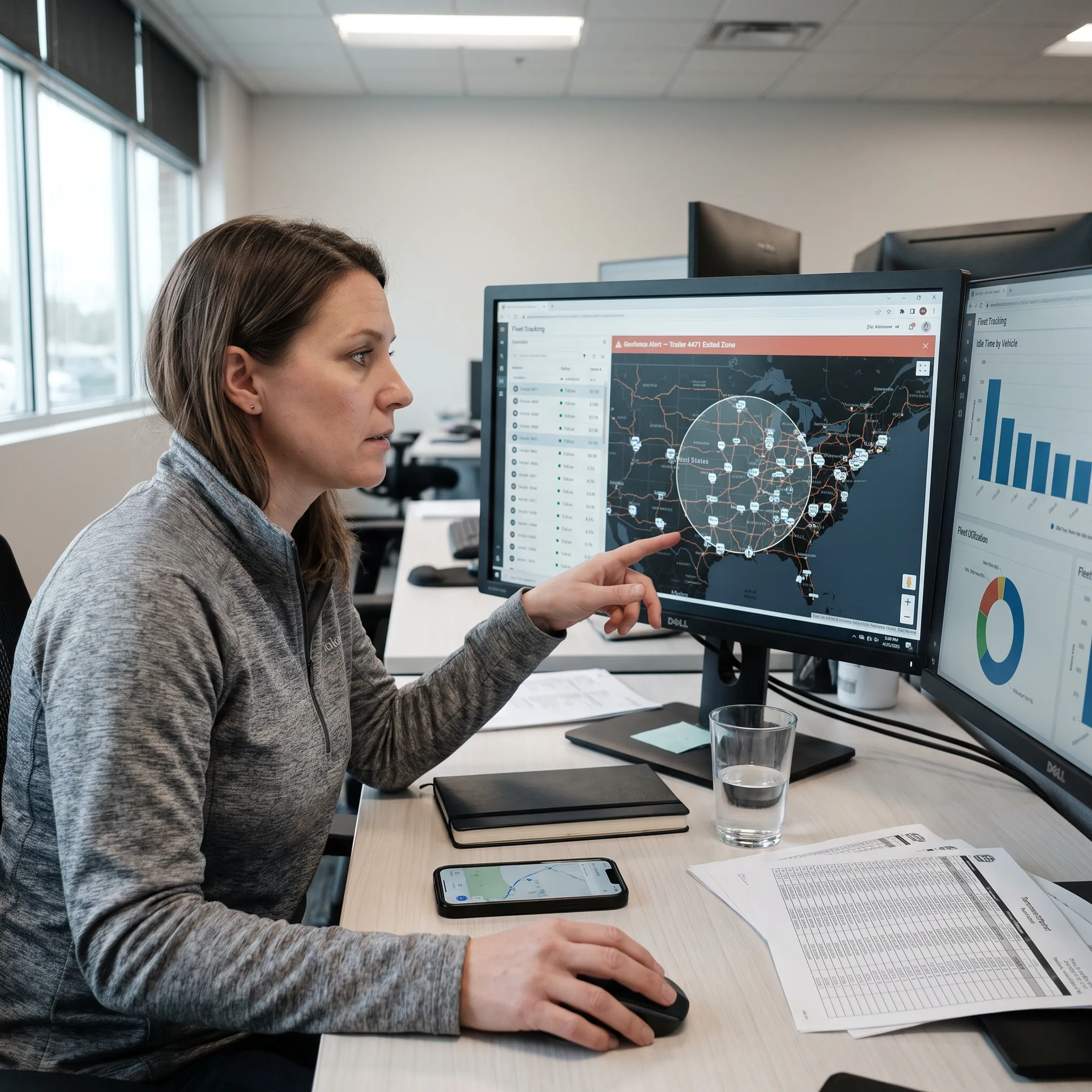 Fleet manager viewing asset locations on a tracking dashboard