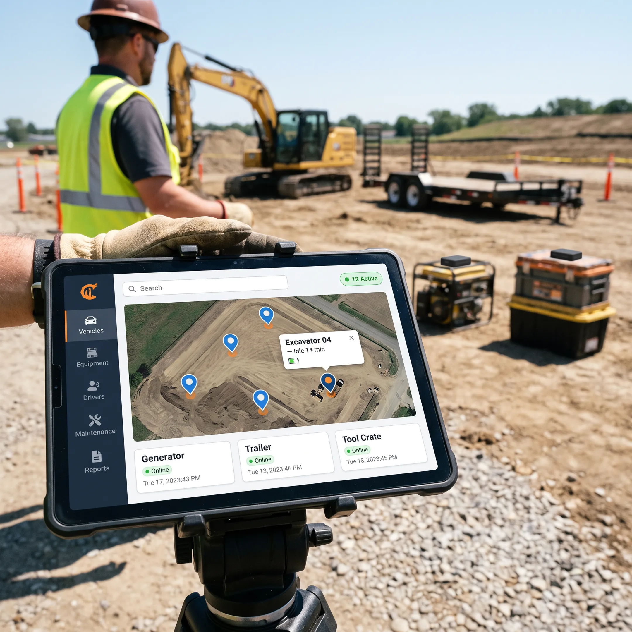 Tracked construction equipment displayed on a live map
