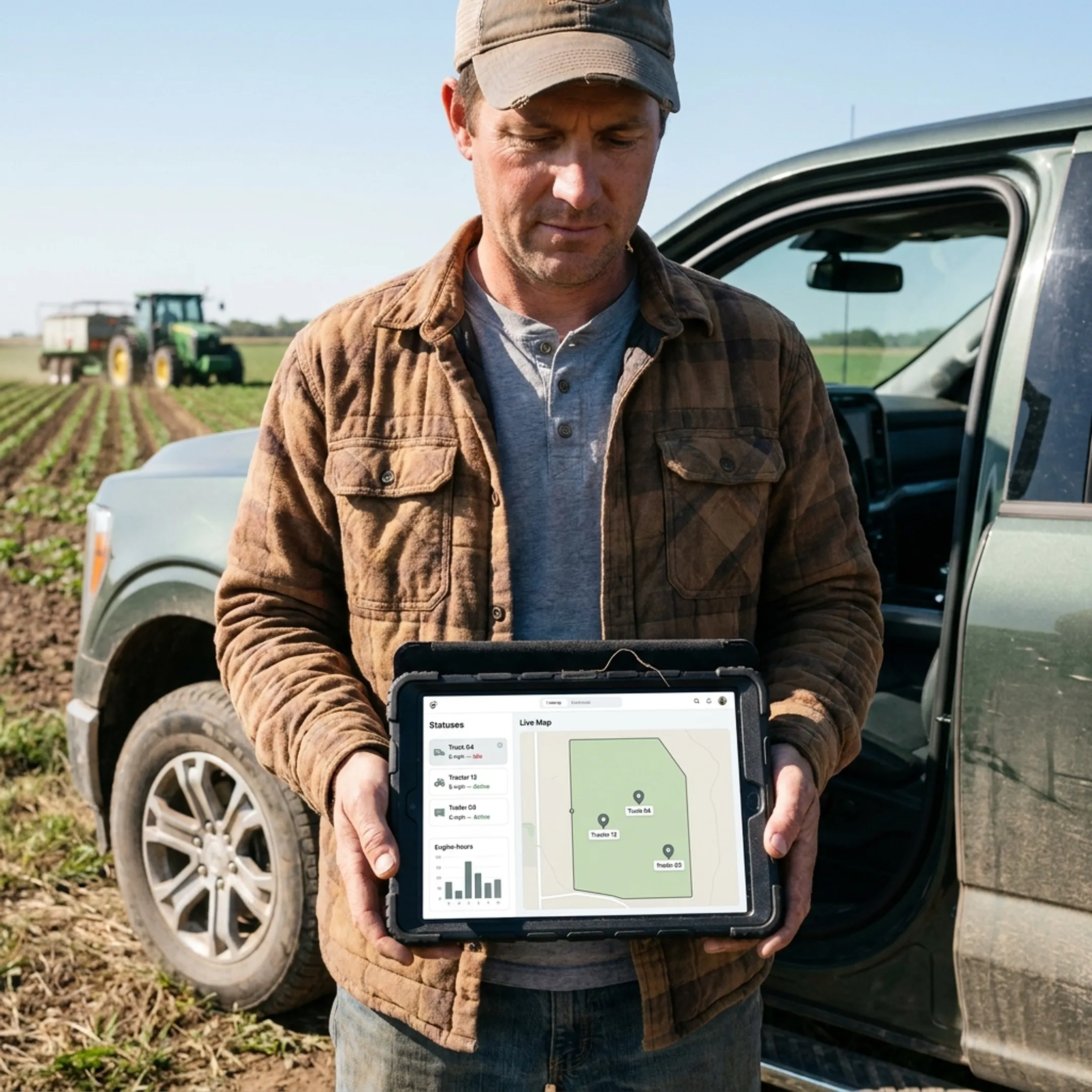 Farm truck and equipment tracked in a field