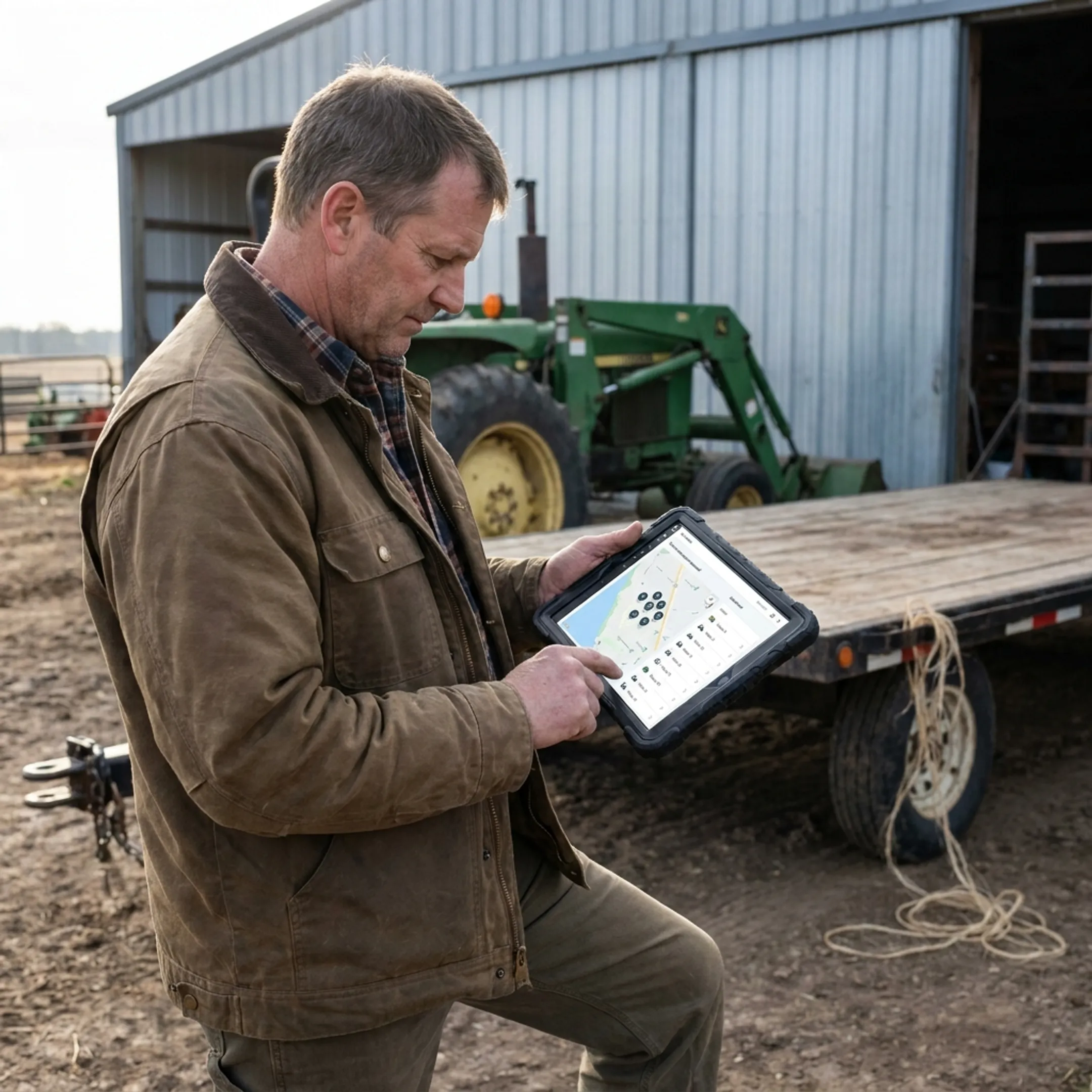 Farm manager reviewing equipment tracking data