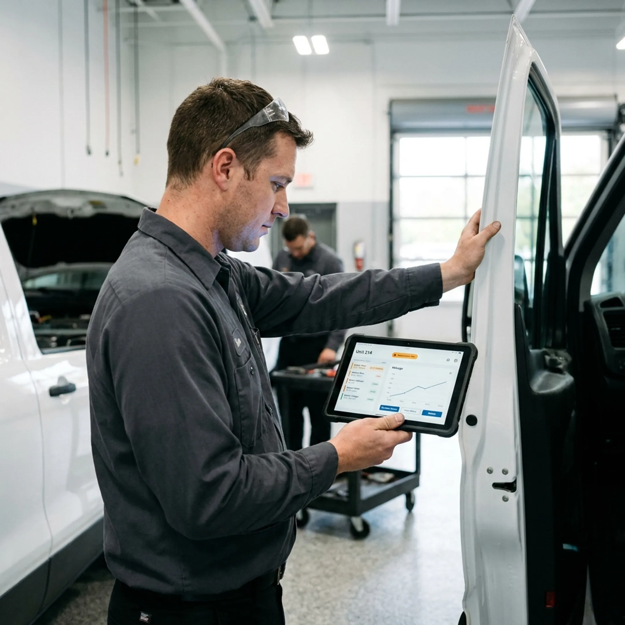 Technician reviewing fleet maintenance software