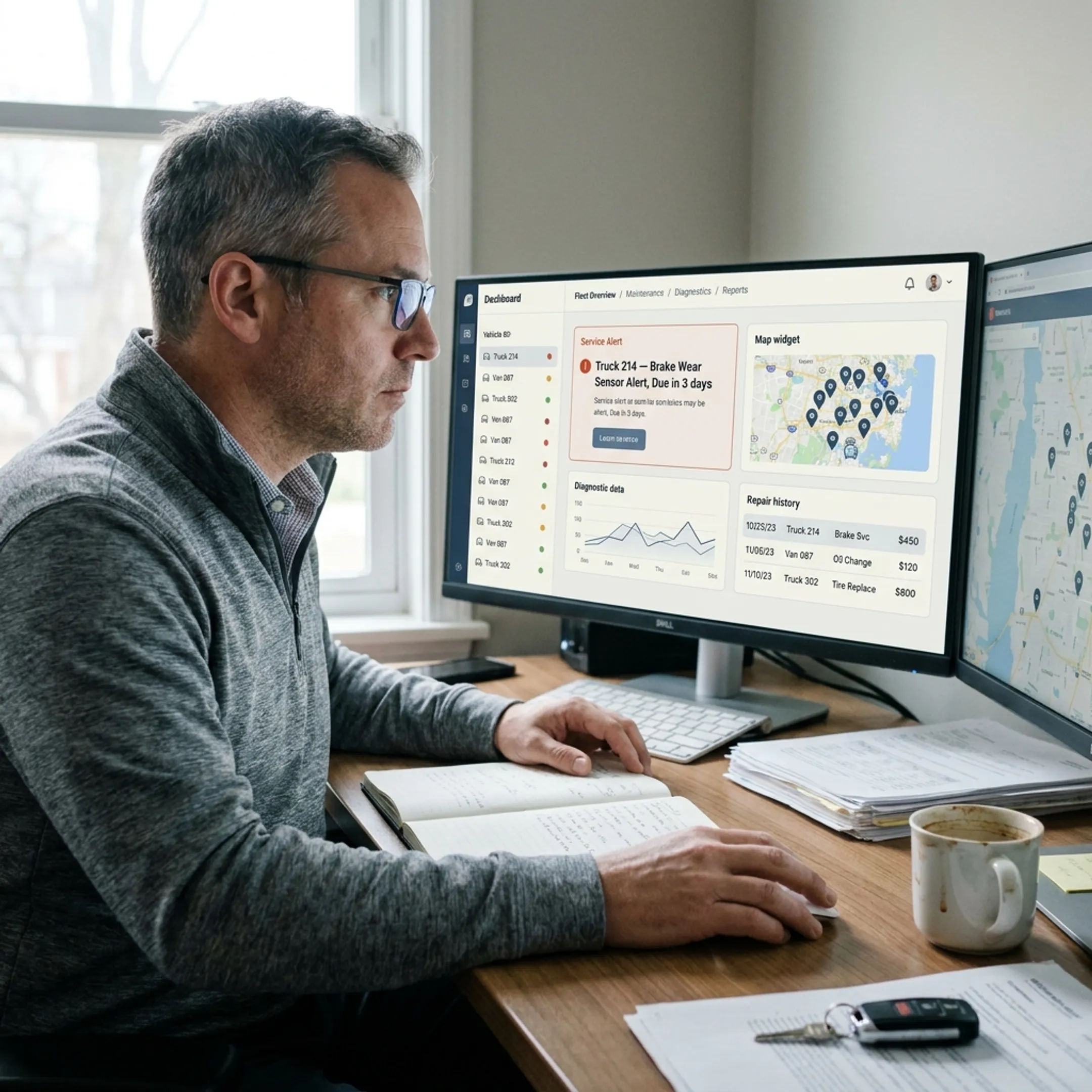 Fleet manager reviewing maintenance dashboard
