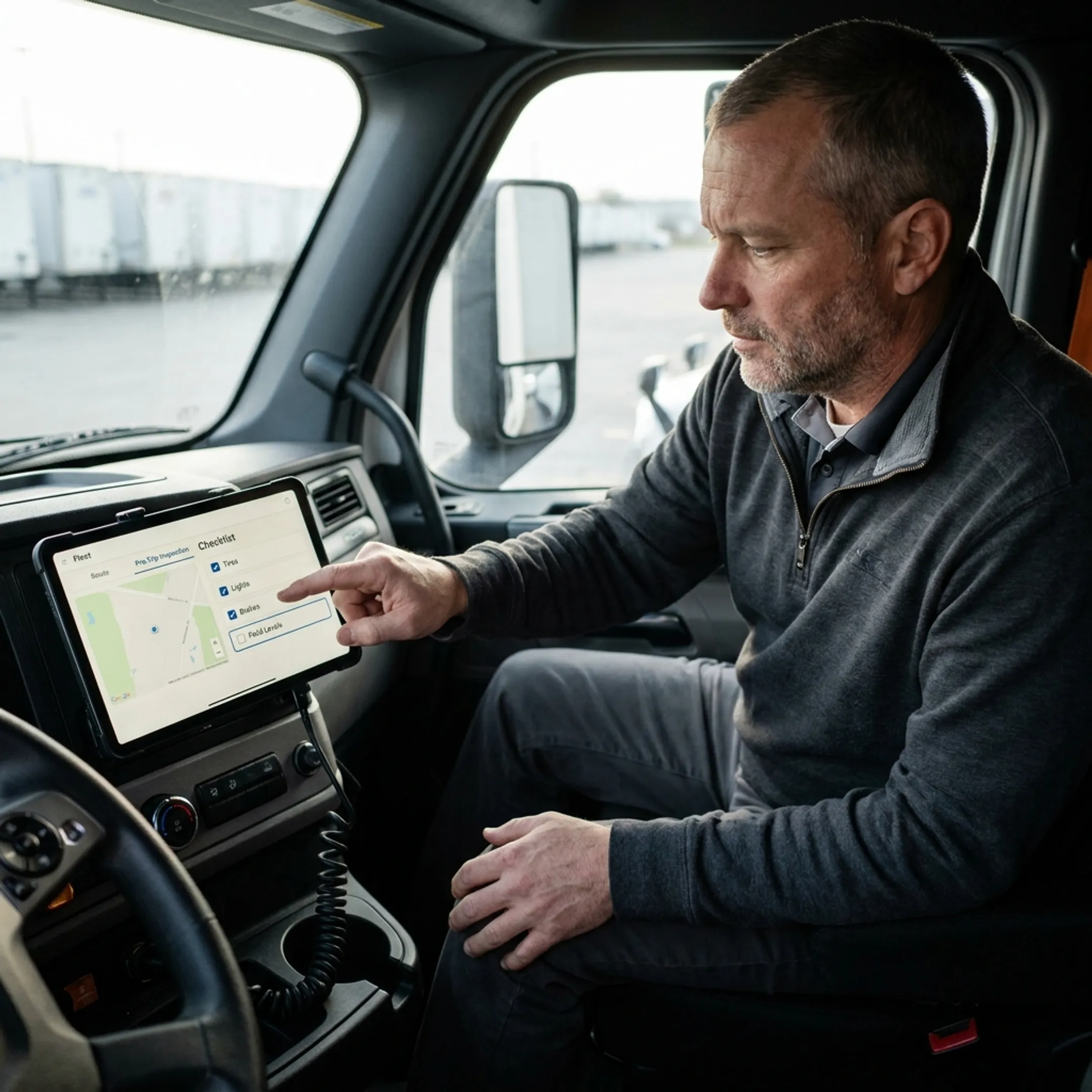 Truck driver reviewing route plans in a cab