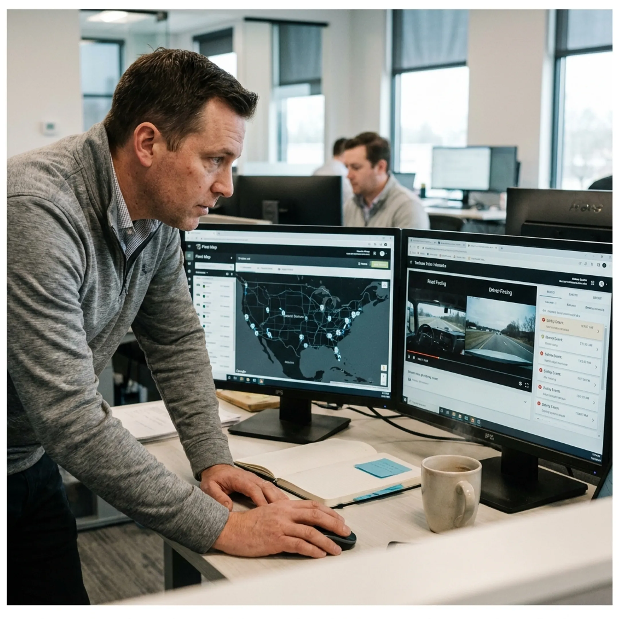 Fleet manager reviewing construction vehicle camera footage