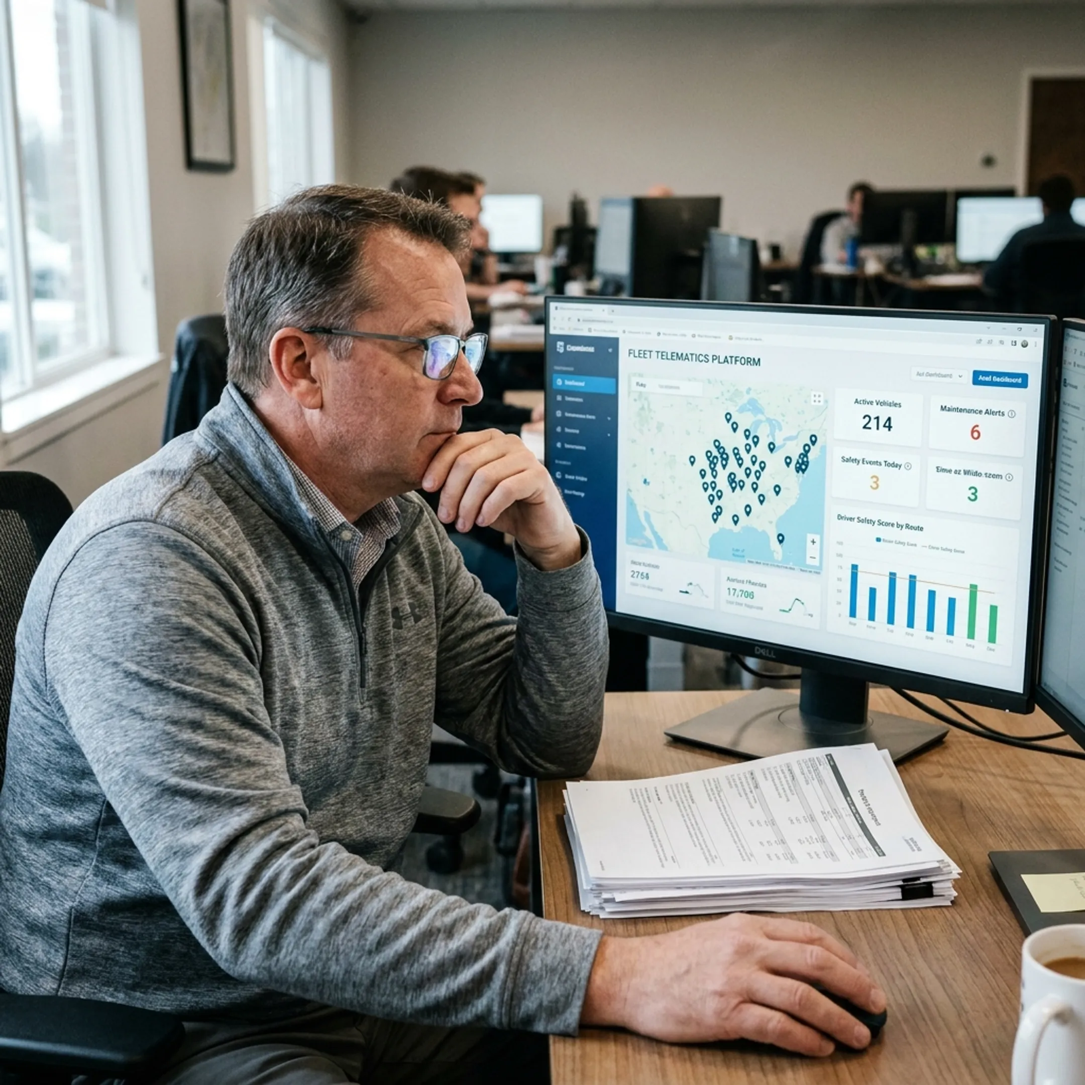 Fleet manager reviewing connected vehicle data