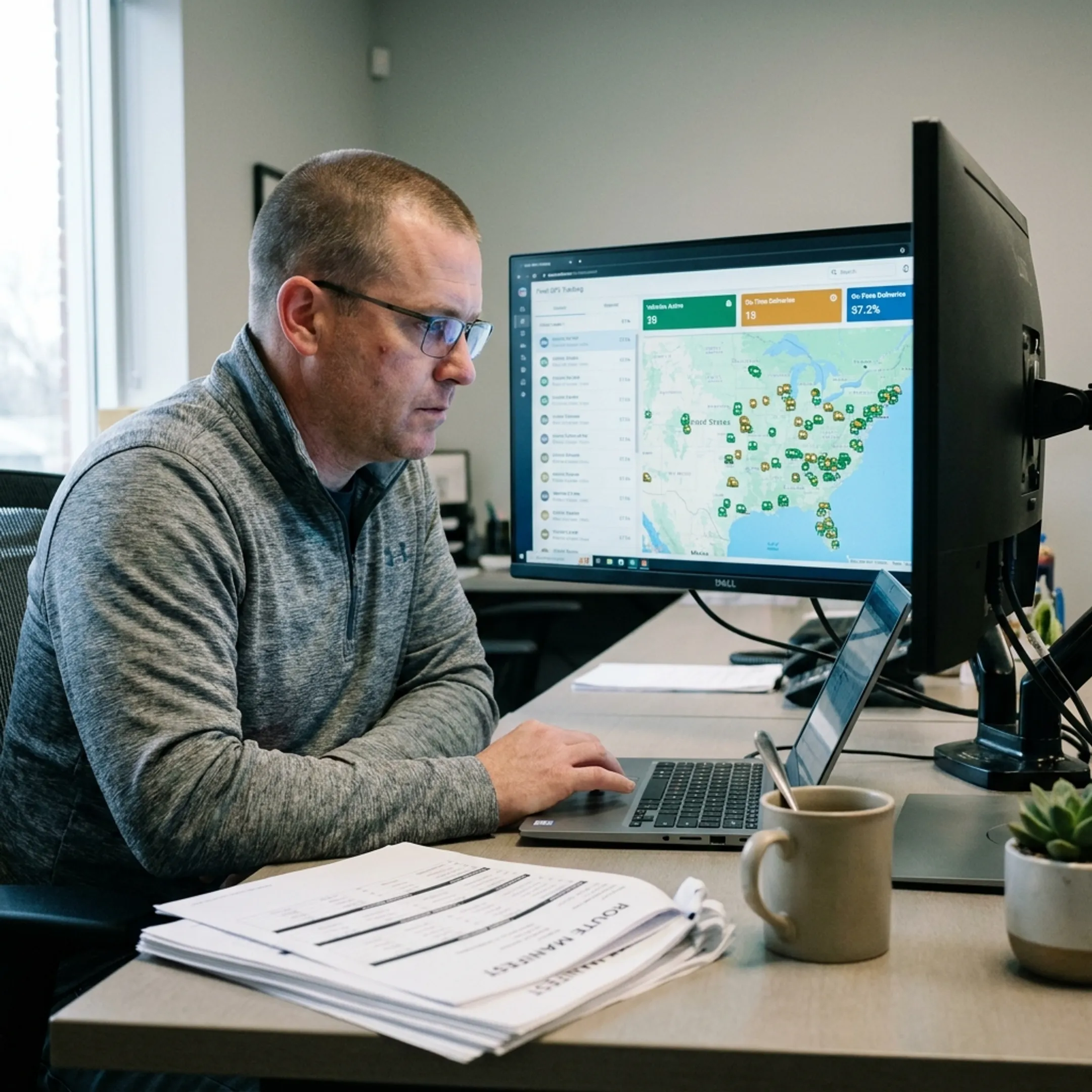 Fleet manager reviewing vehicle tracking map
