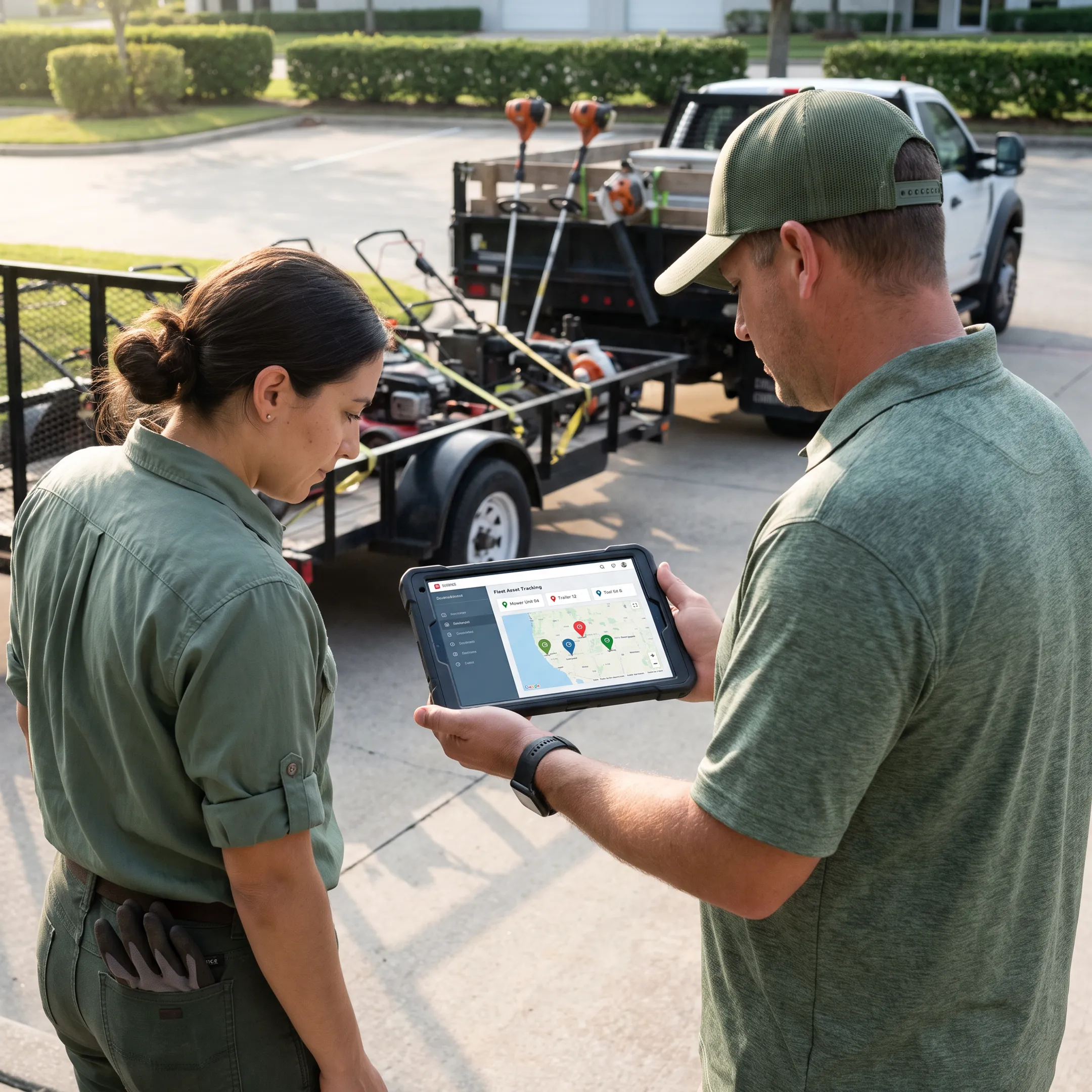 Landscape crew managing equipment at a jobsite
