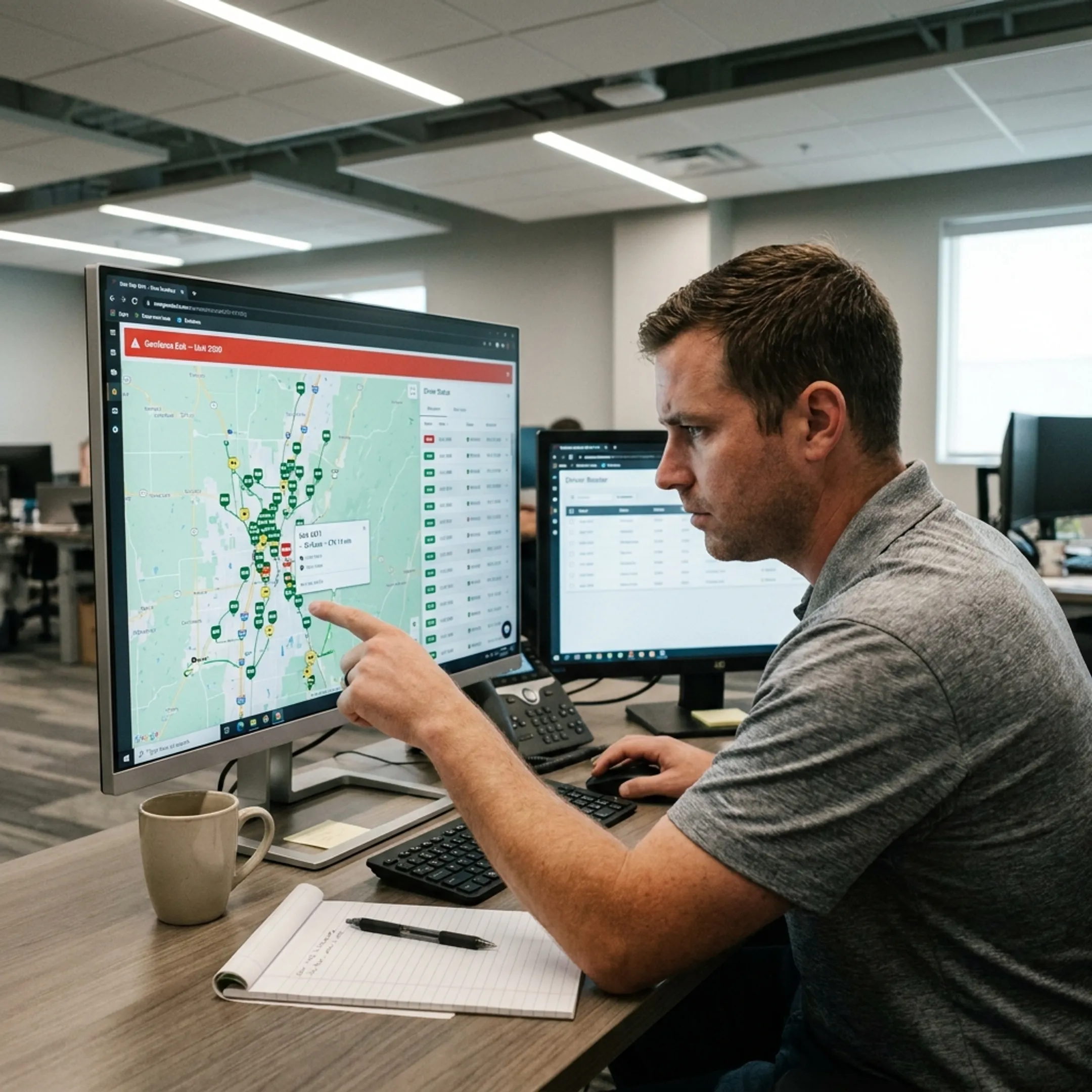 Dispatcher monitoring live trucking fleet map