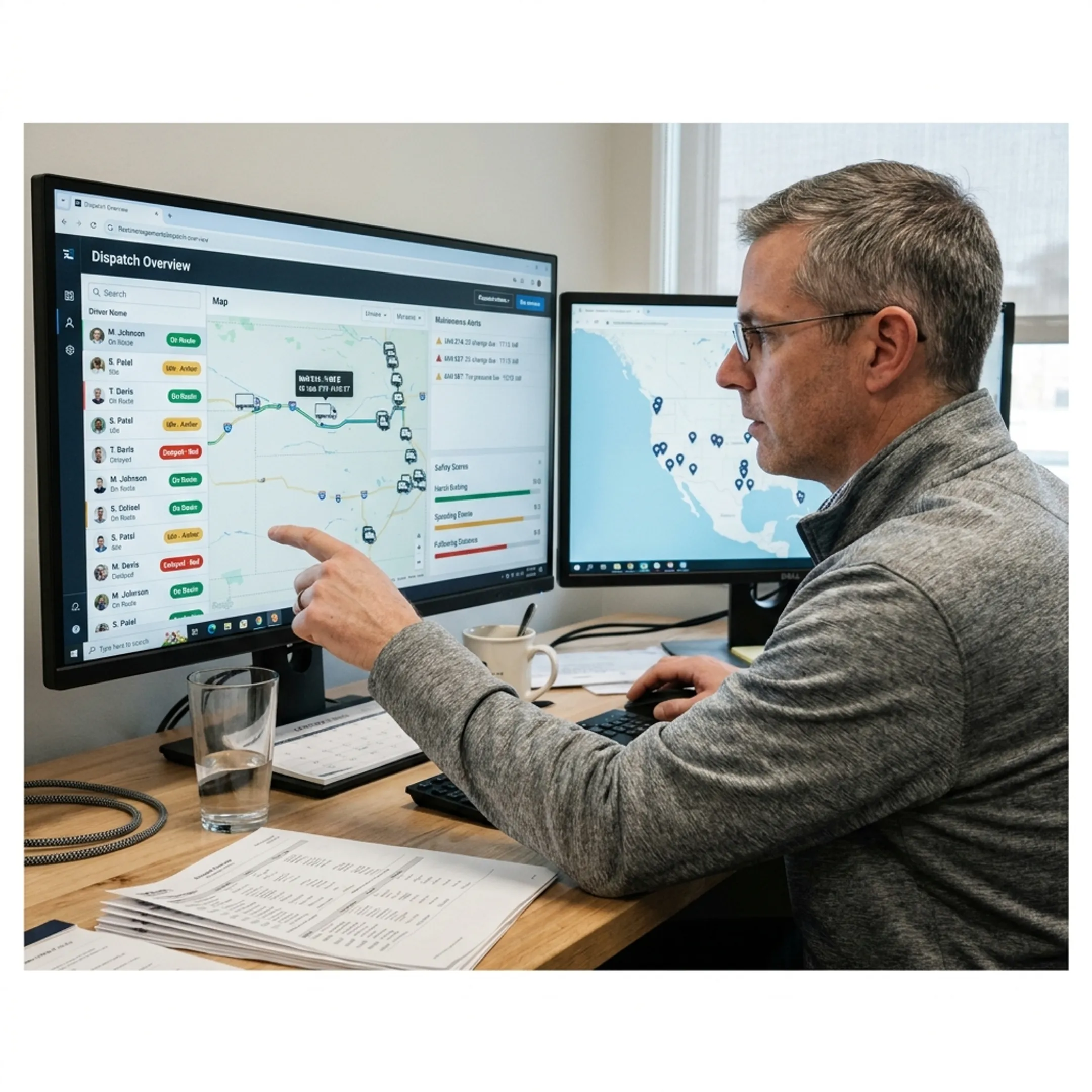 Fleet manager reviewing dispatch and vehicle data