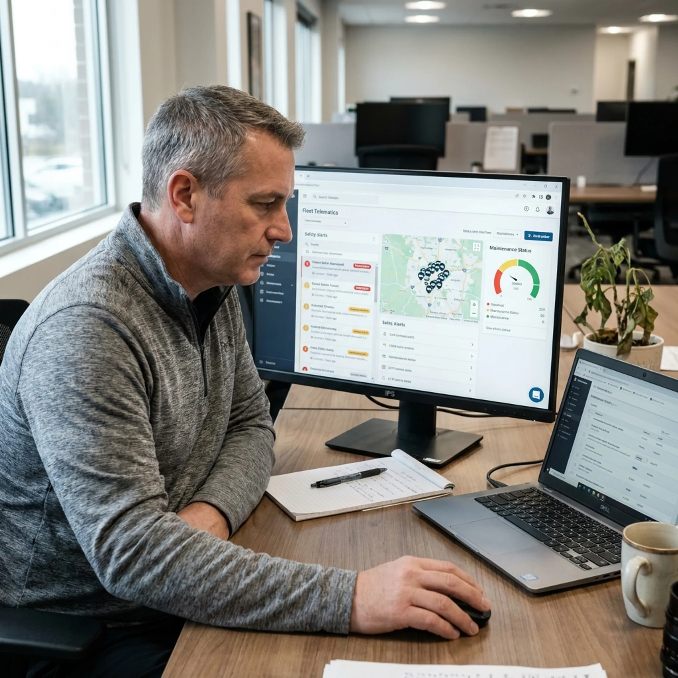 Fleet manager reviewing vehicle compliance data