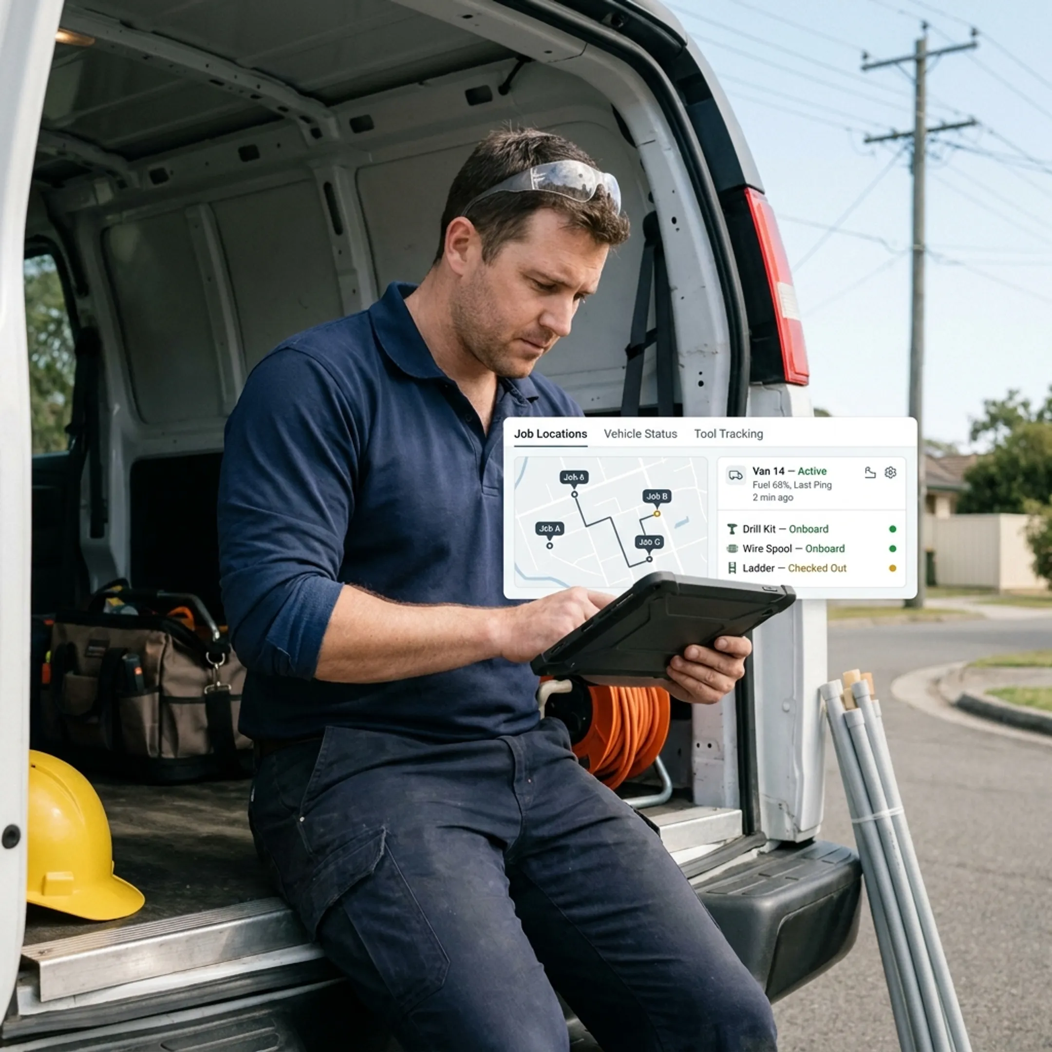 Electrician using a mobile fleet management app