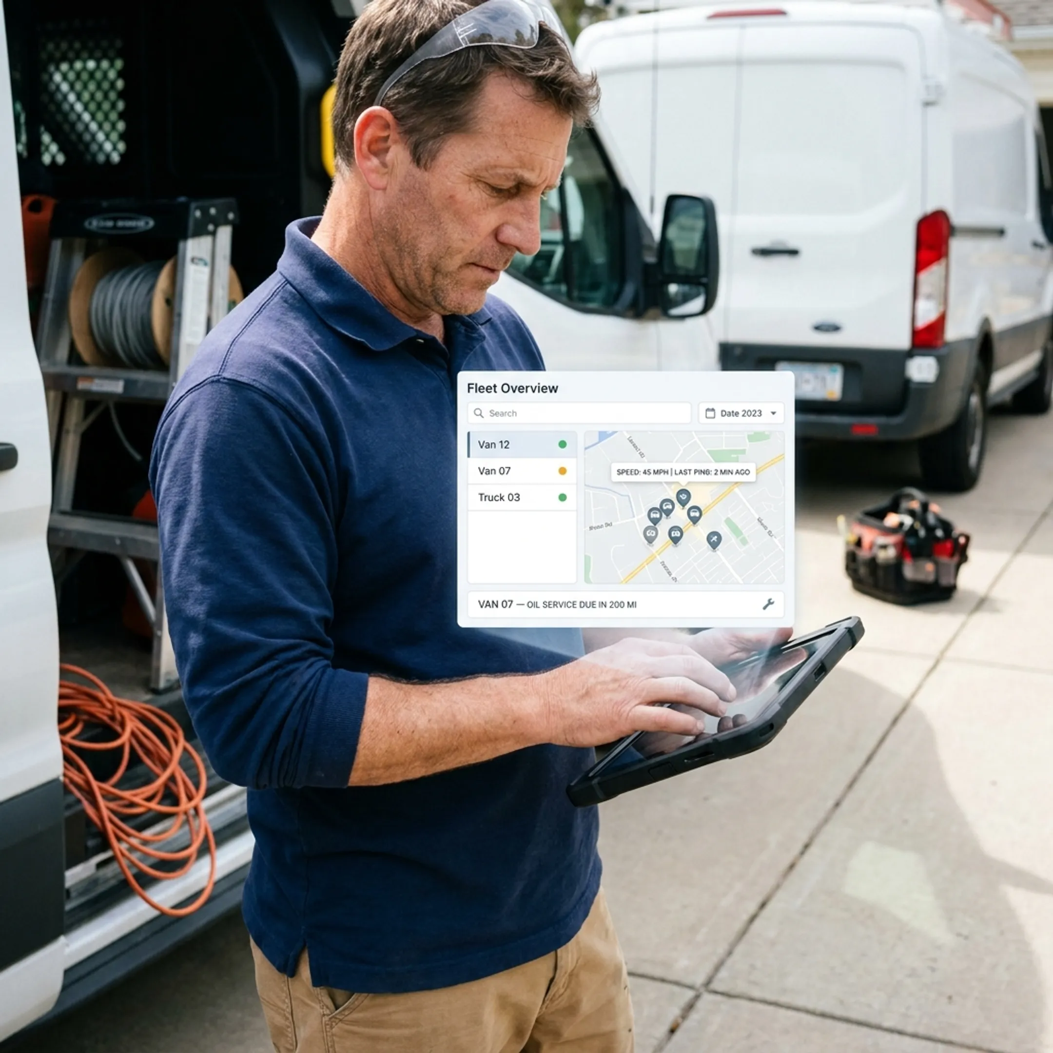 Electrical contractor reviewing fleet and asset data