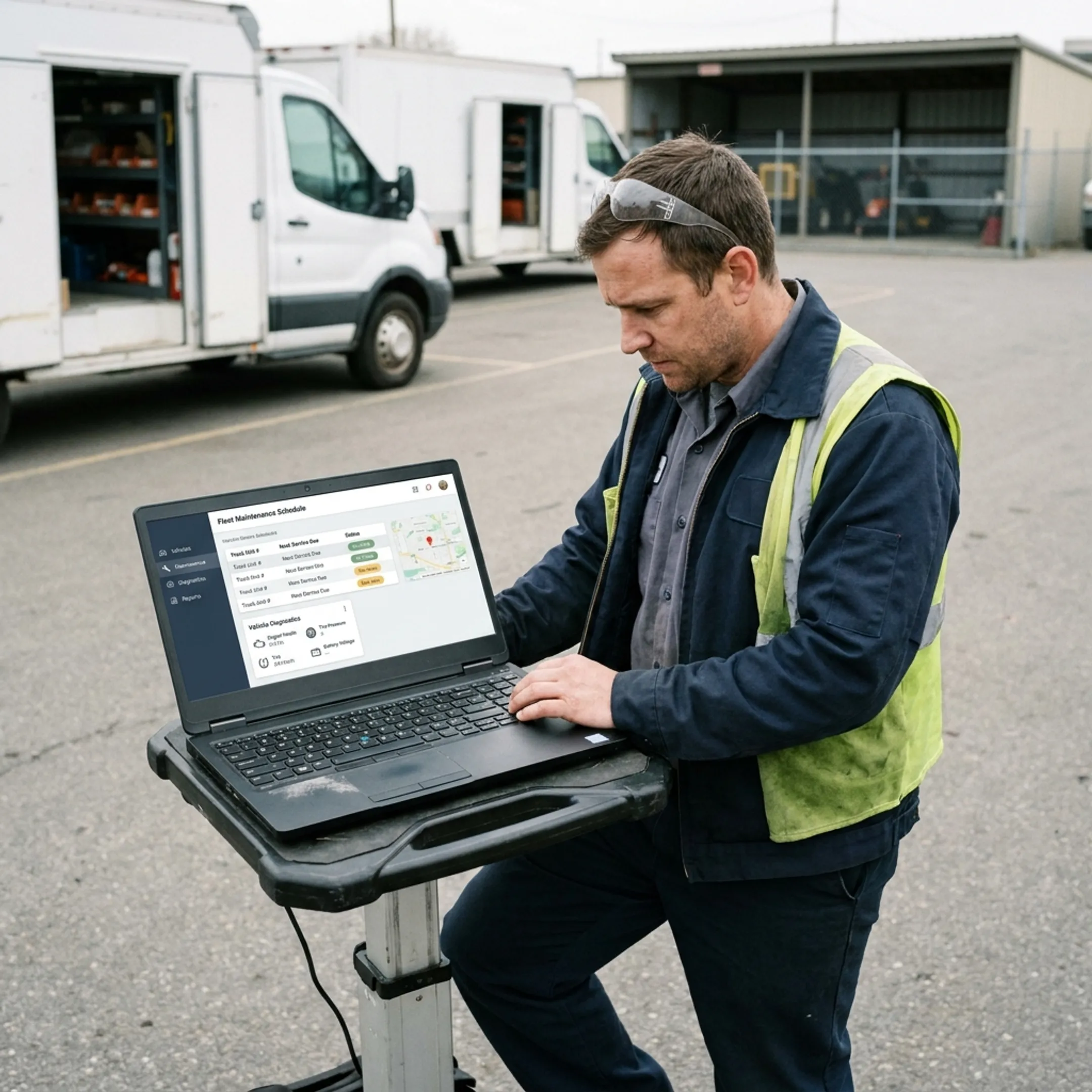 Technician reviewing fleet maintenance dashboard