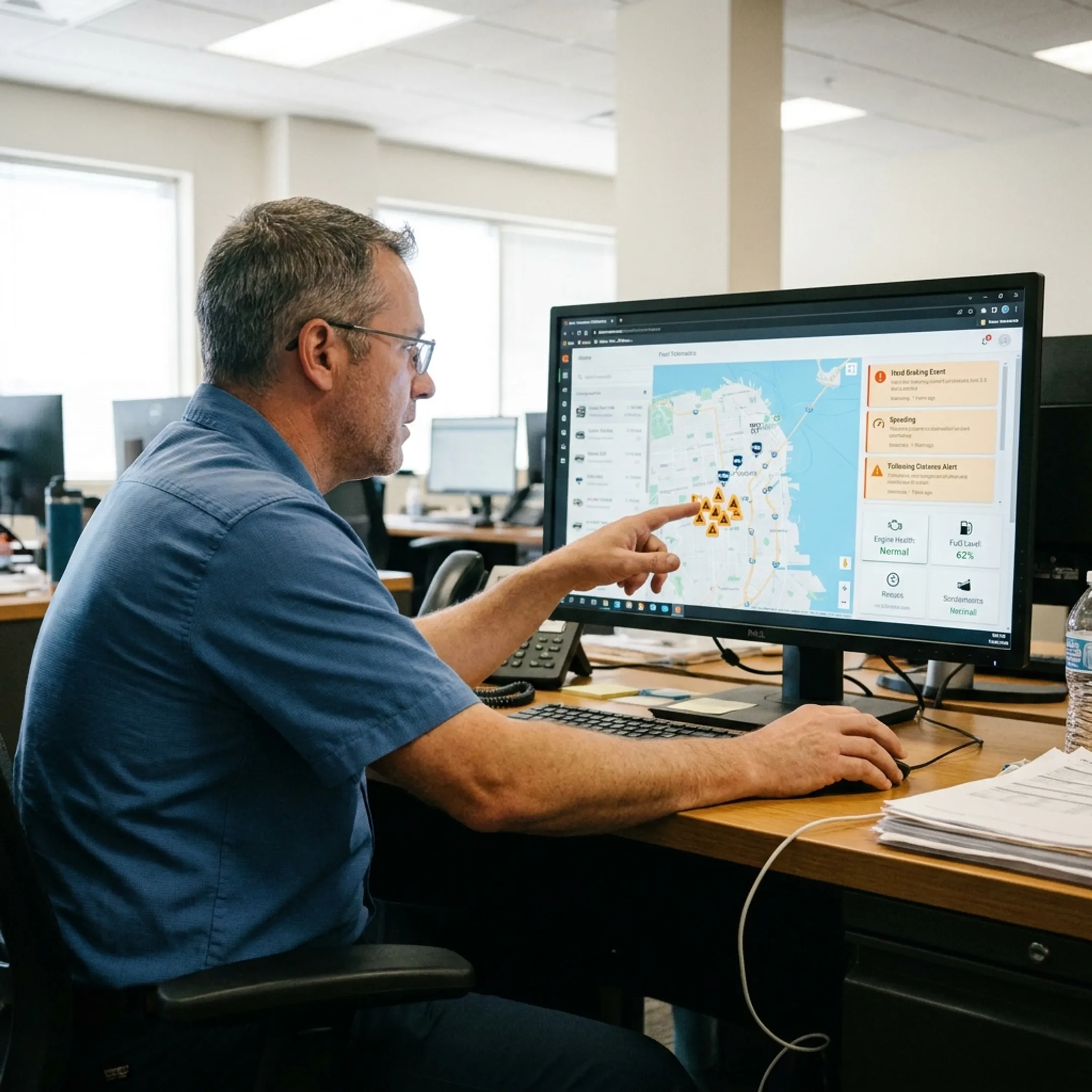 Fleet manager reviewing vehicle security data