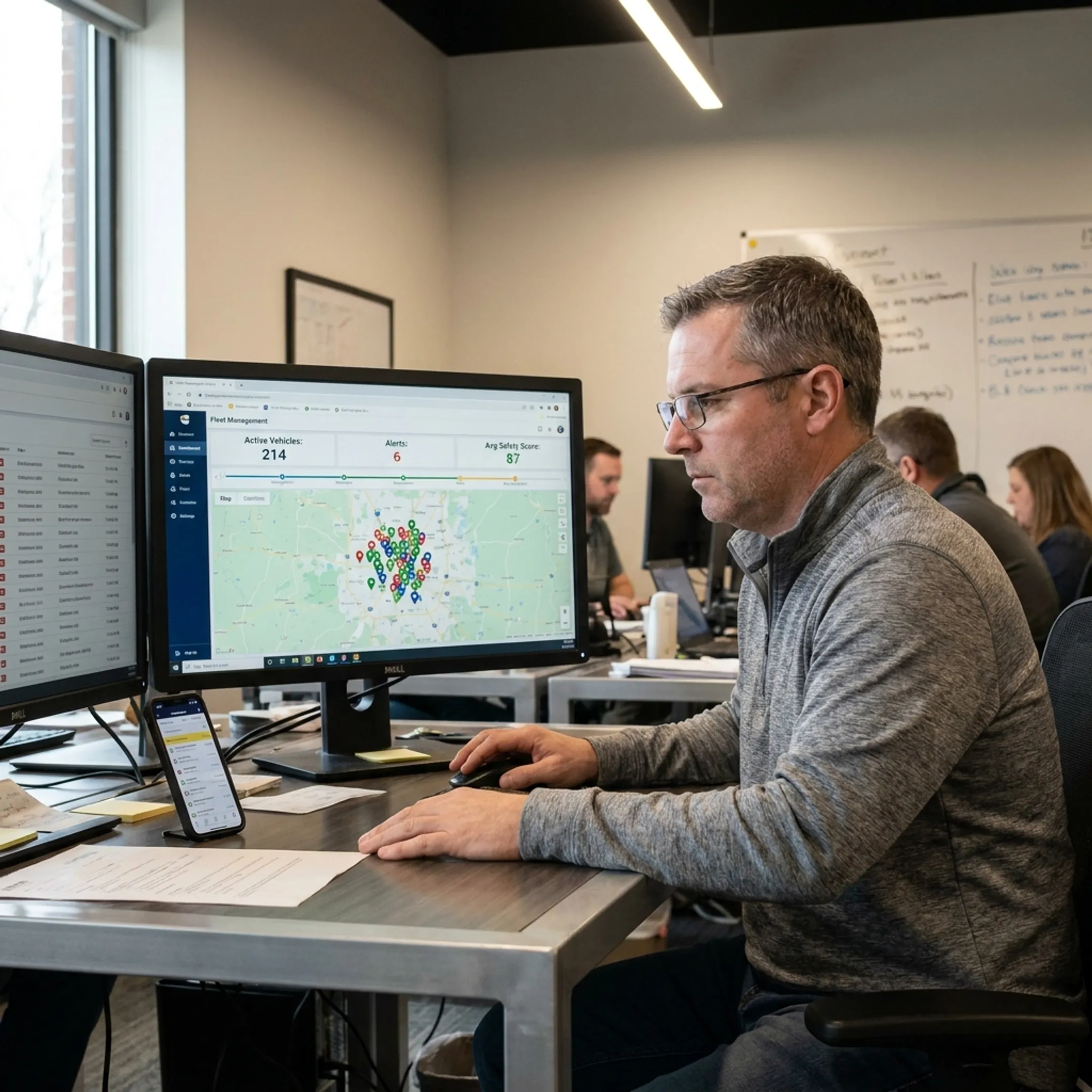 Fleet manager reviewing vehicle data