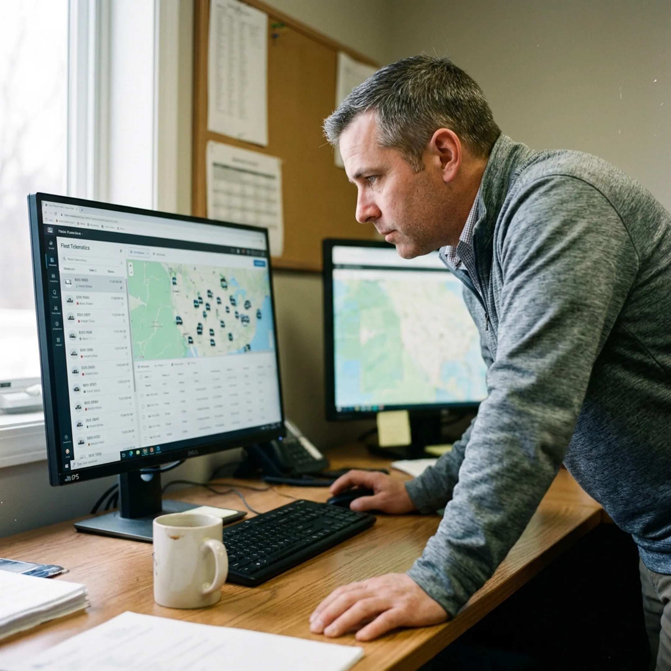 Fleet manager monitoring trucks on a GPS map