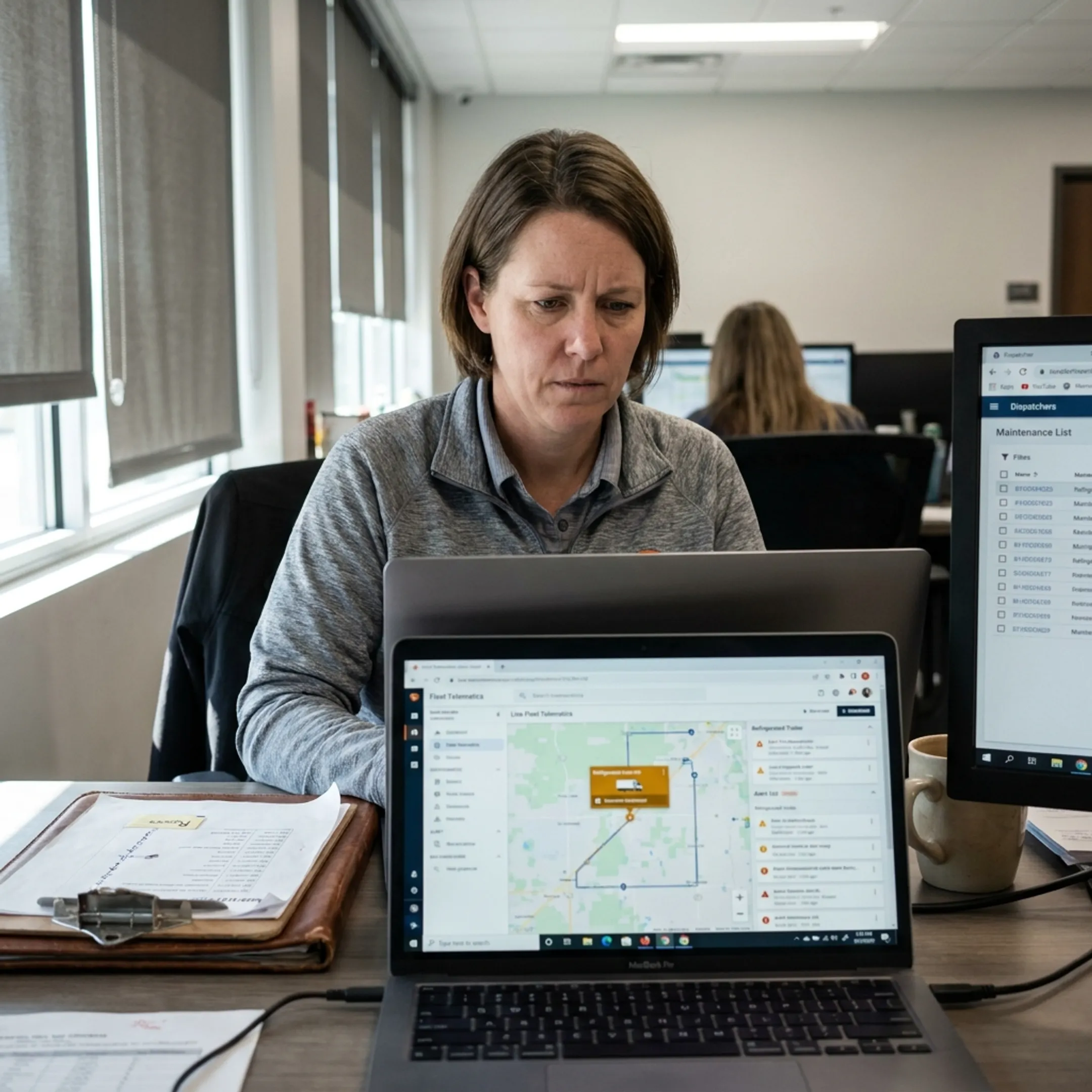 Fleet manager reviewing refrigerated trailer data