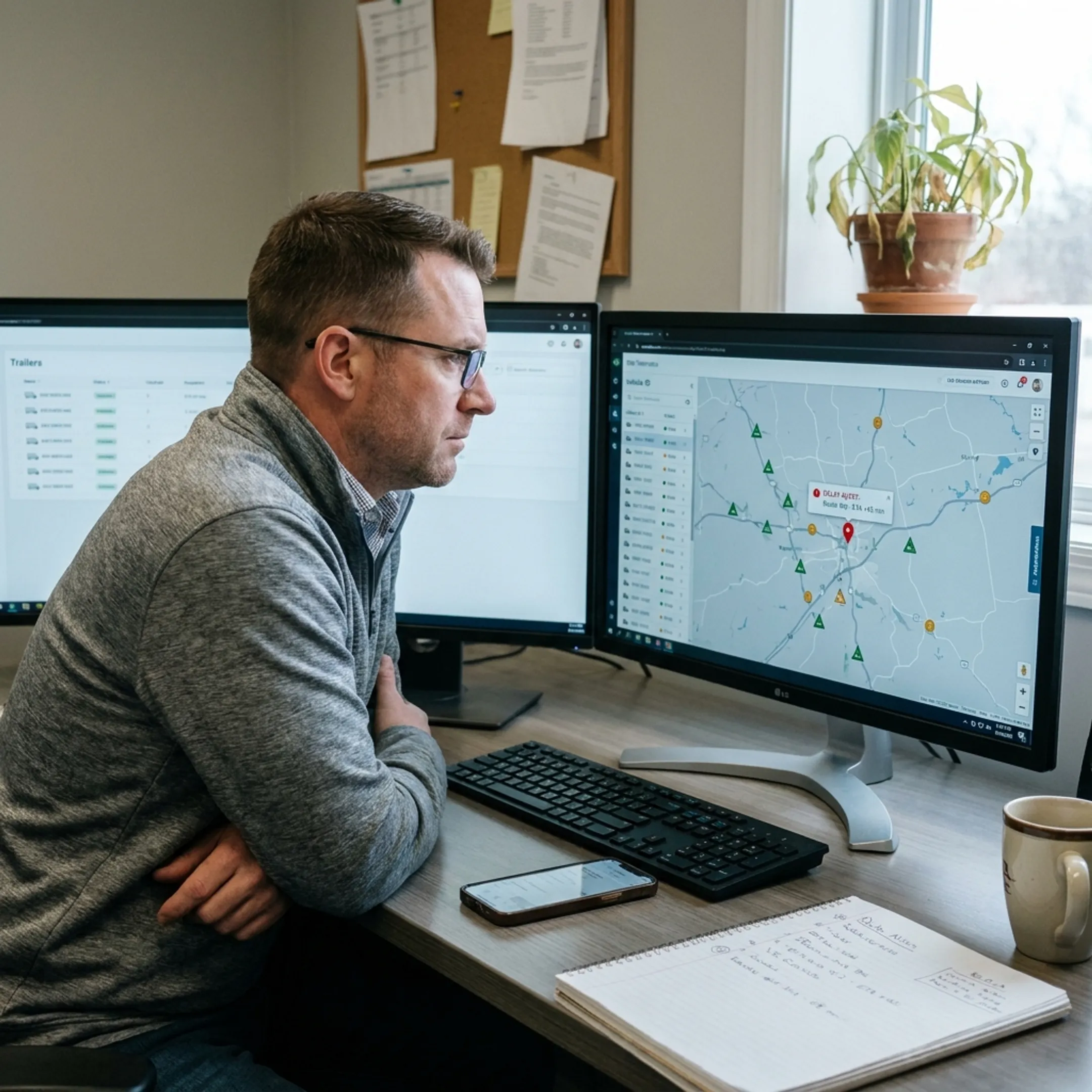 Logistics manager viewing live fleet tracking map