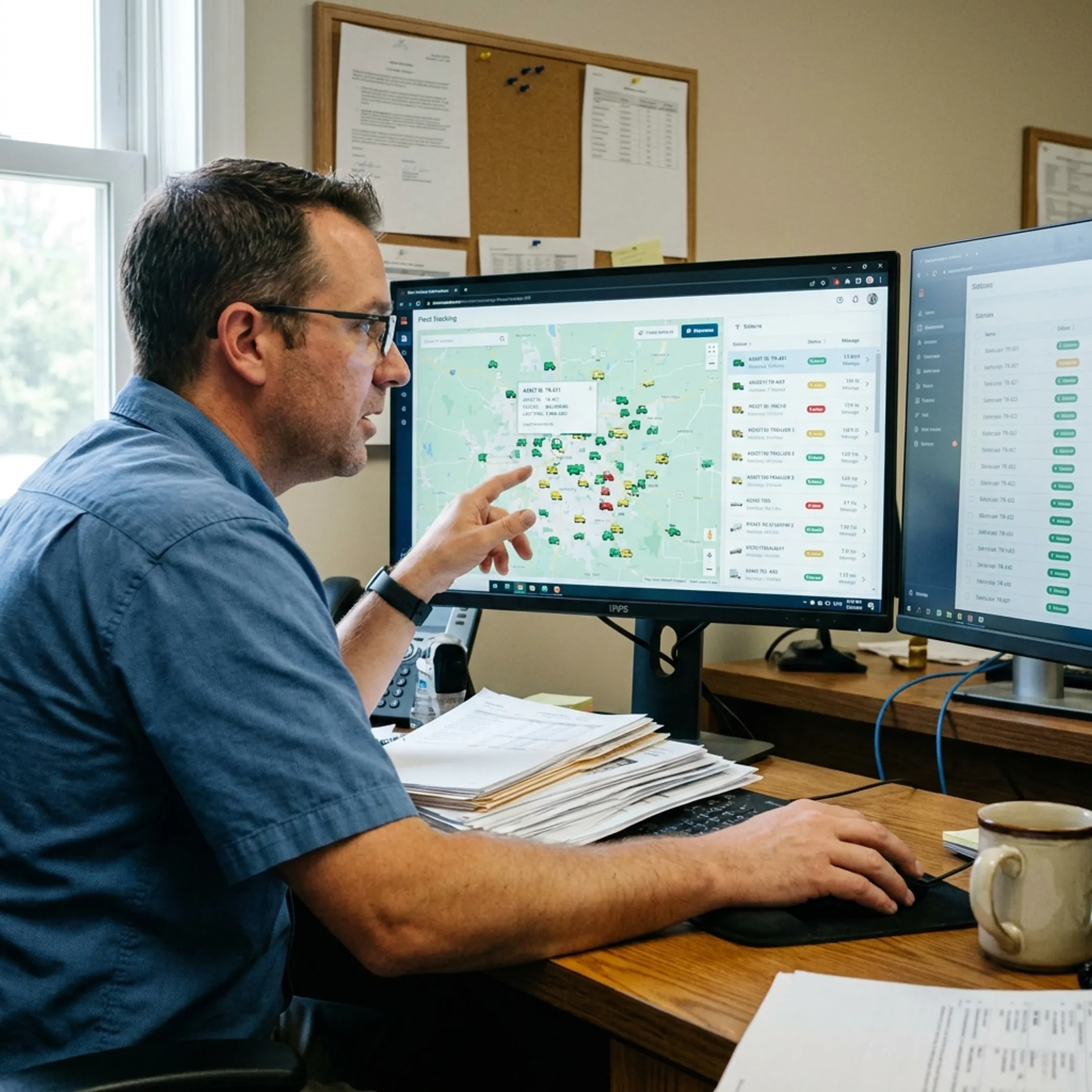 Fleet manager reviewing equipment locations on a tracking dashboard