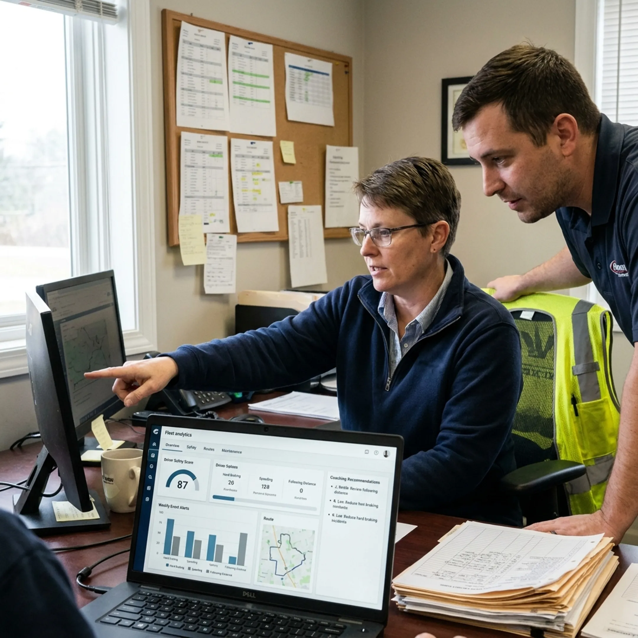 Manager reviewing fleet safety data with driver