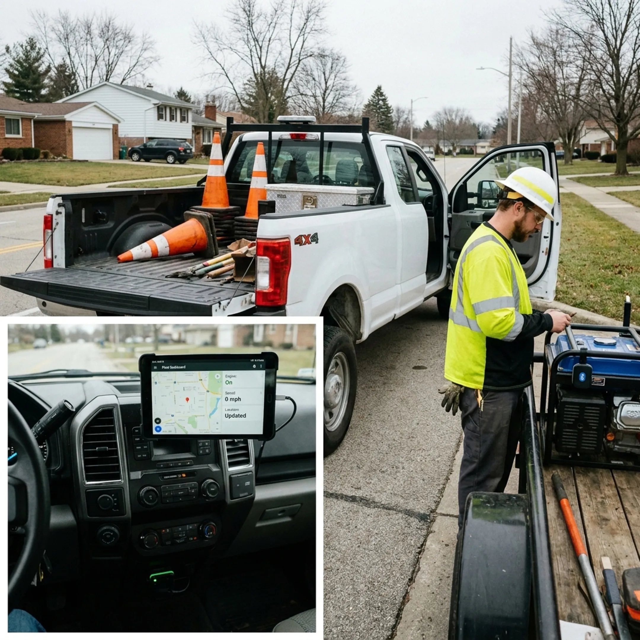 GPS-tracked municipal equipment at a work site
