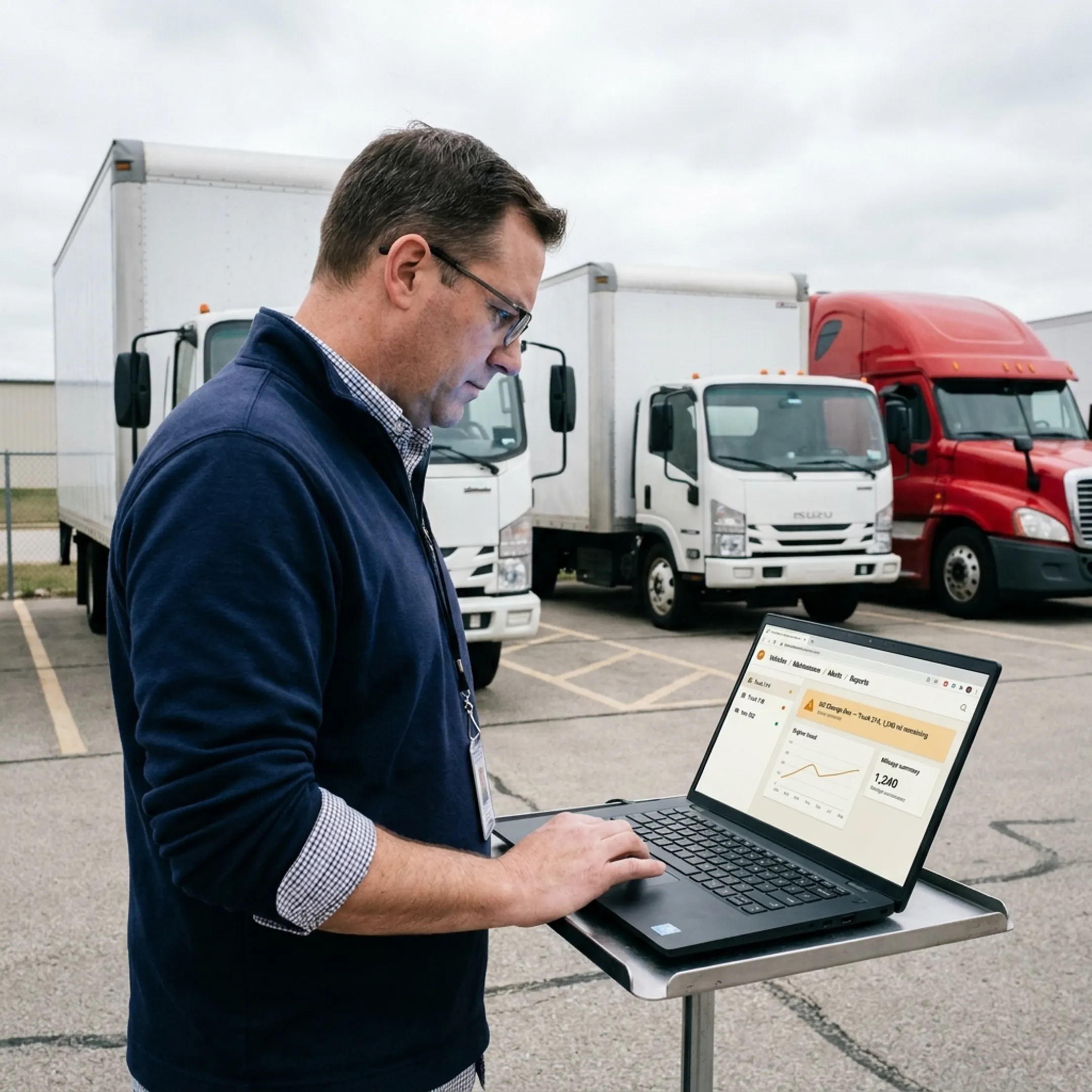 Fleet manager reviewing truck maintenance data