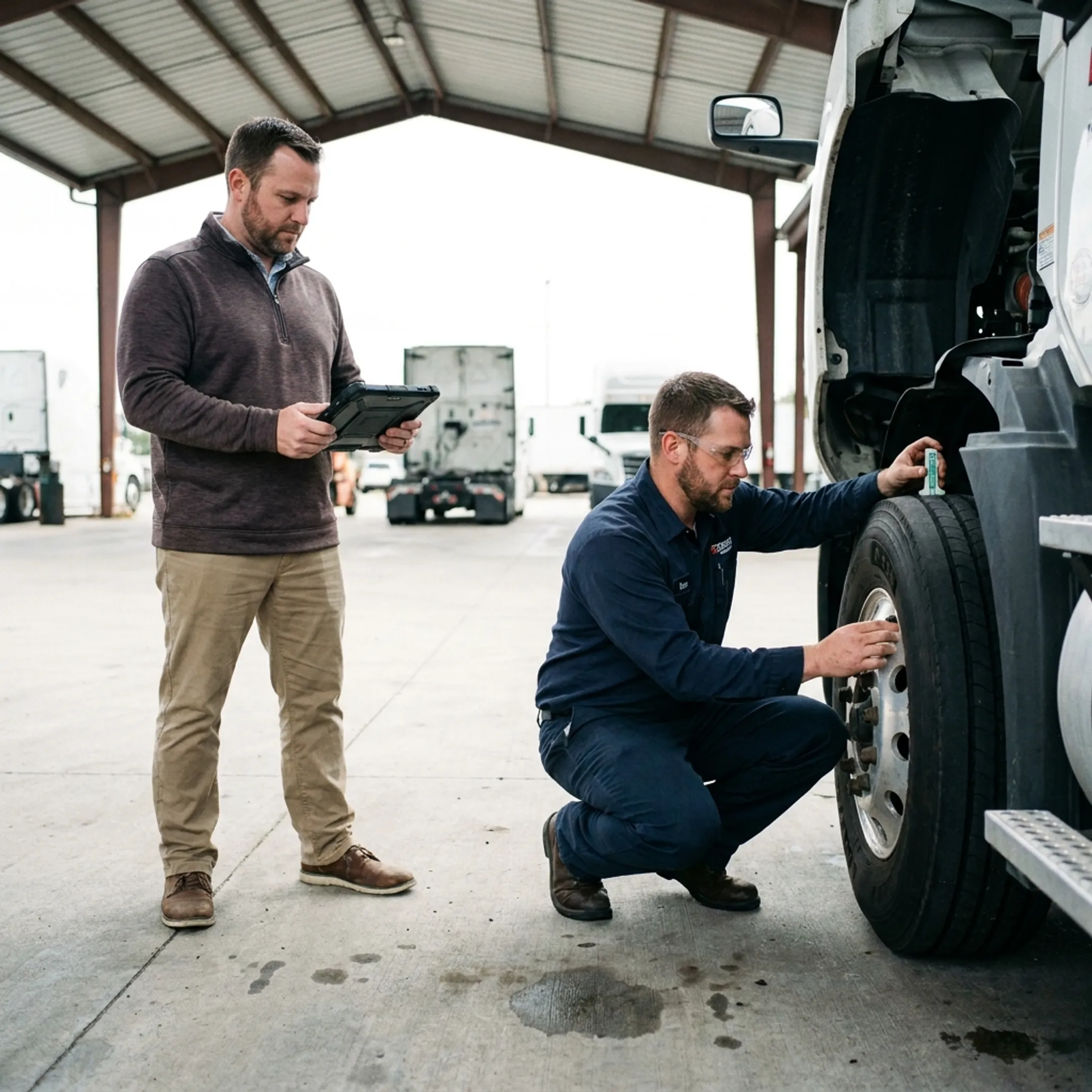 Technician inspecting a commercial truck