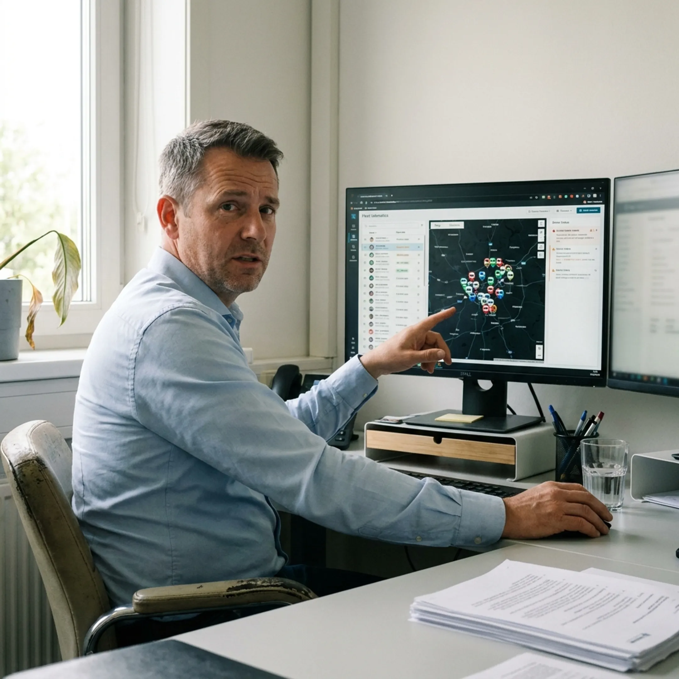 Fleet manager viewing truck locations on a GPS dashboard