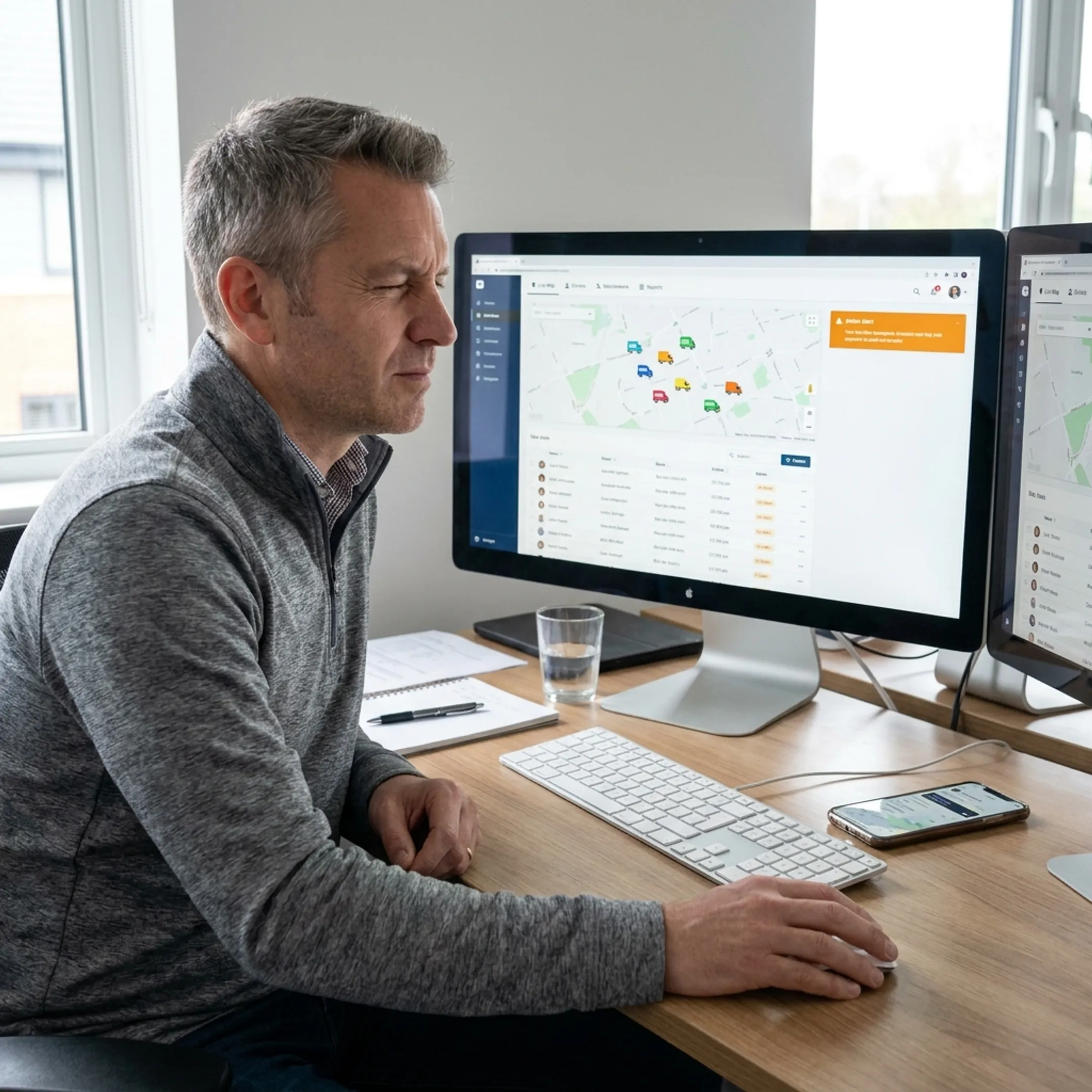 Fleet manager reviewing vehicle locations on a dashboard