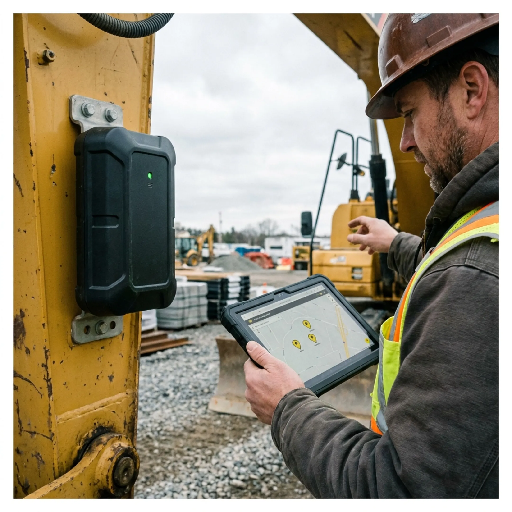 GPS tracker mounted on construction equipment