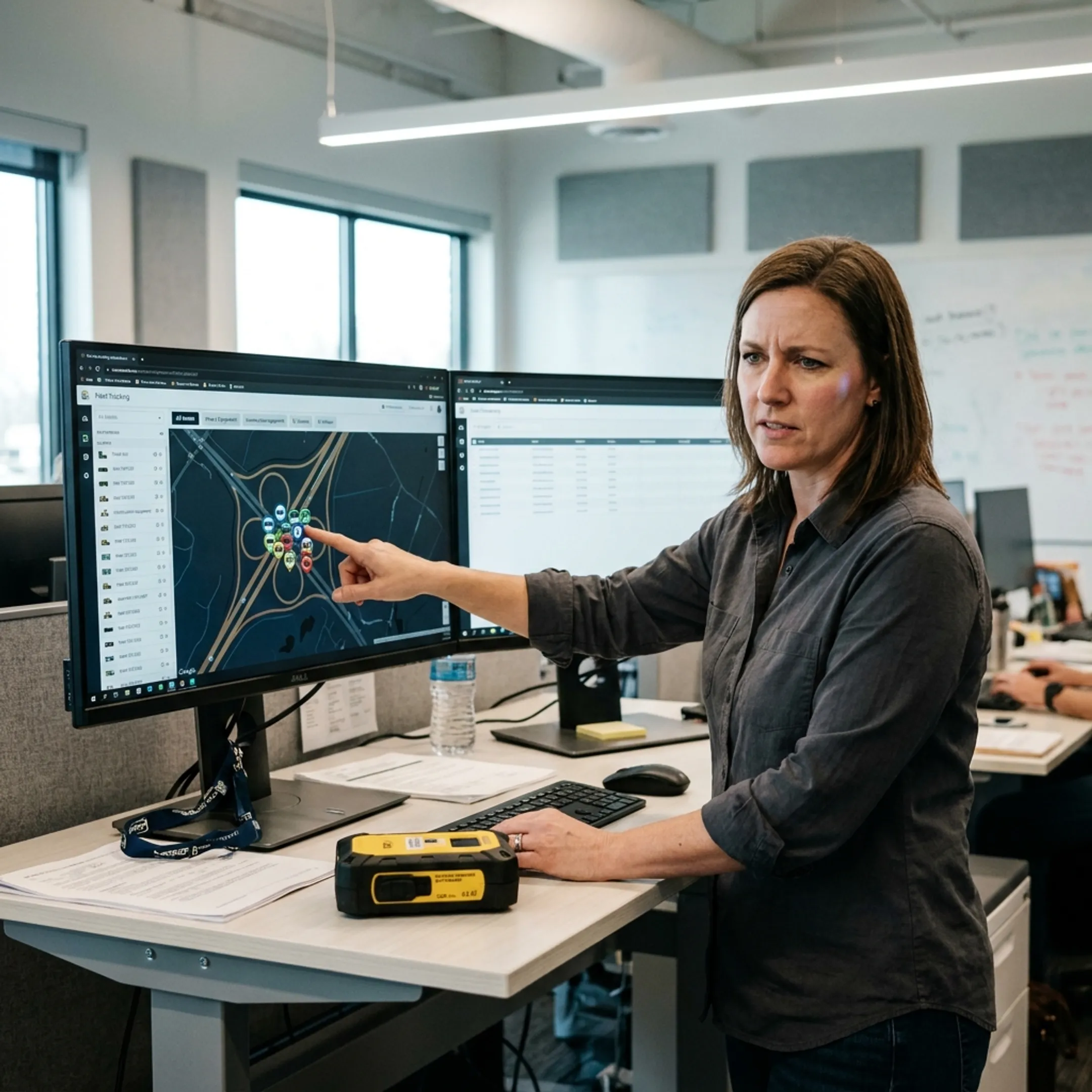 Fleet manager reviewing tracked asset locations