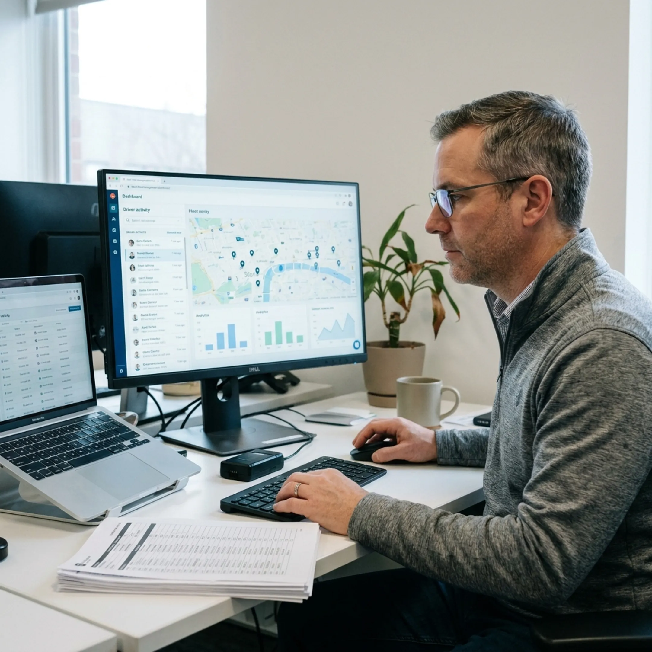 Fleet manager reviewing a live GPS dashboard