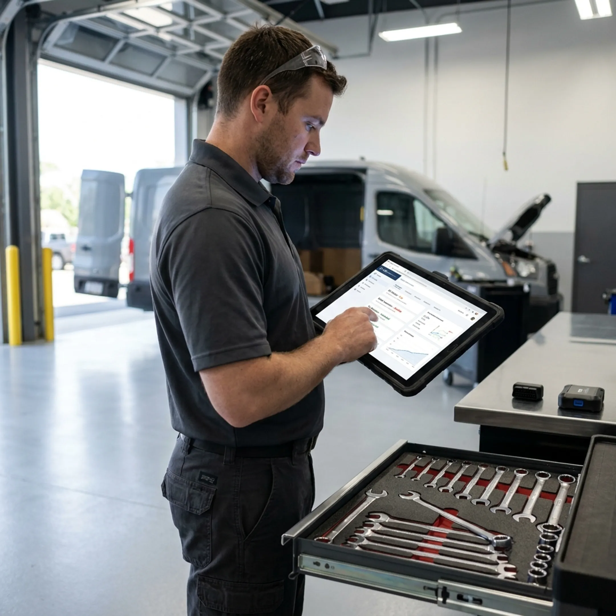 Technician managing fleet maintenance tasks