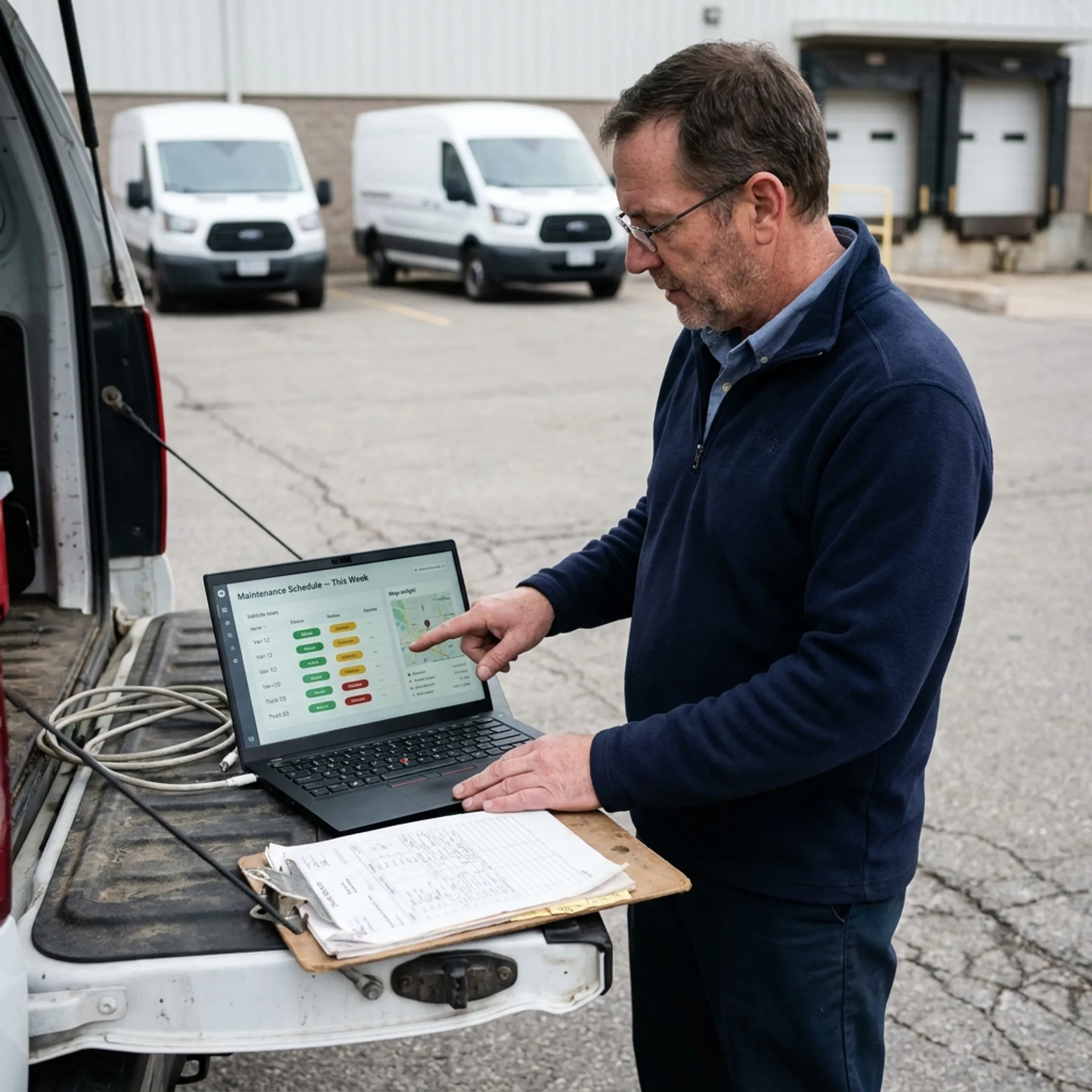 Fleet manager reviewing digital work orders
