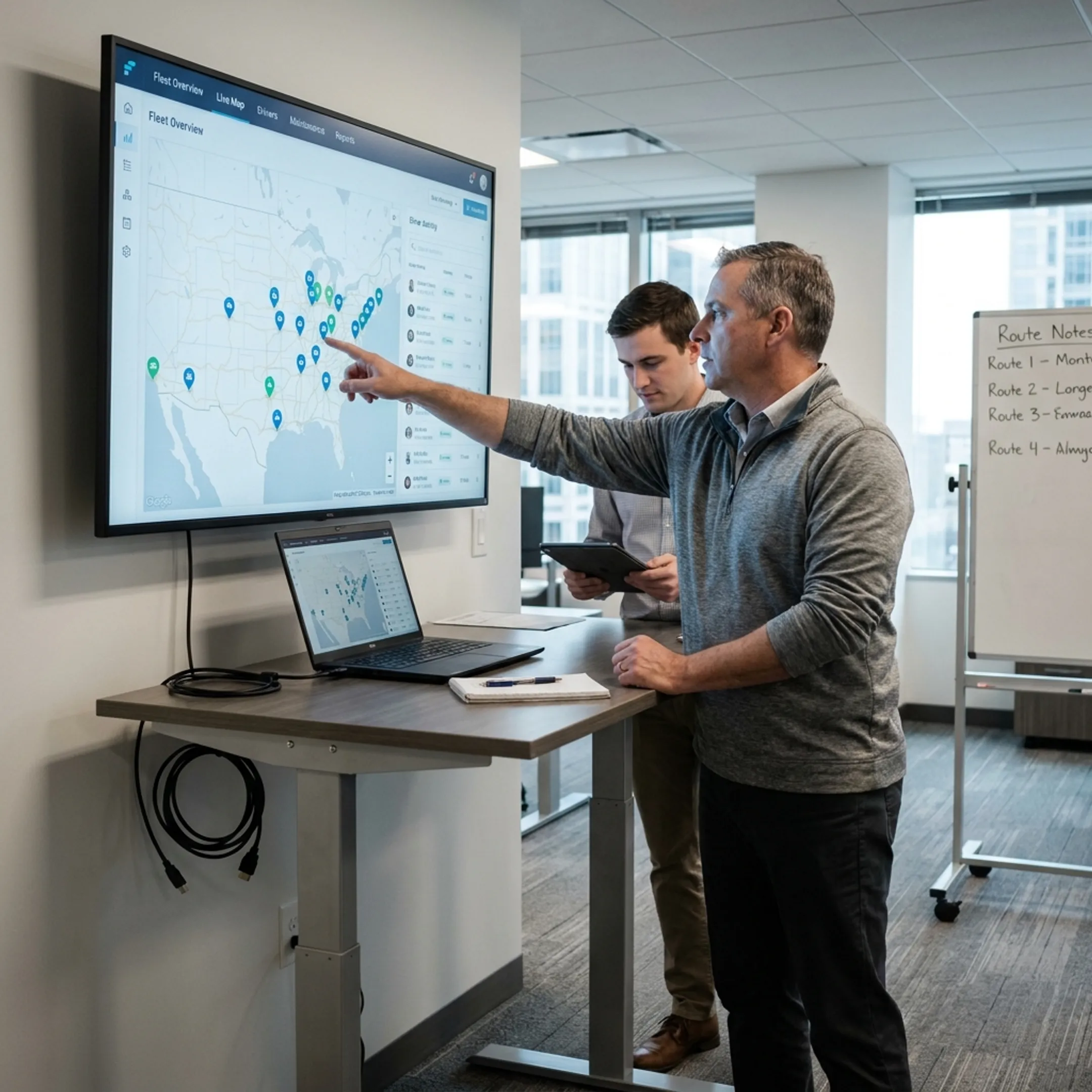 Fleet manager reviewing vehicle locations on a live map