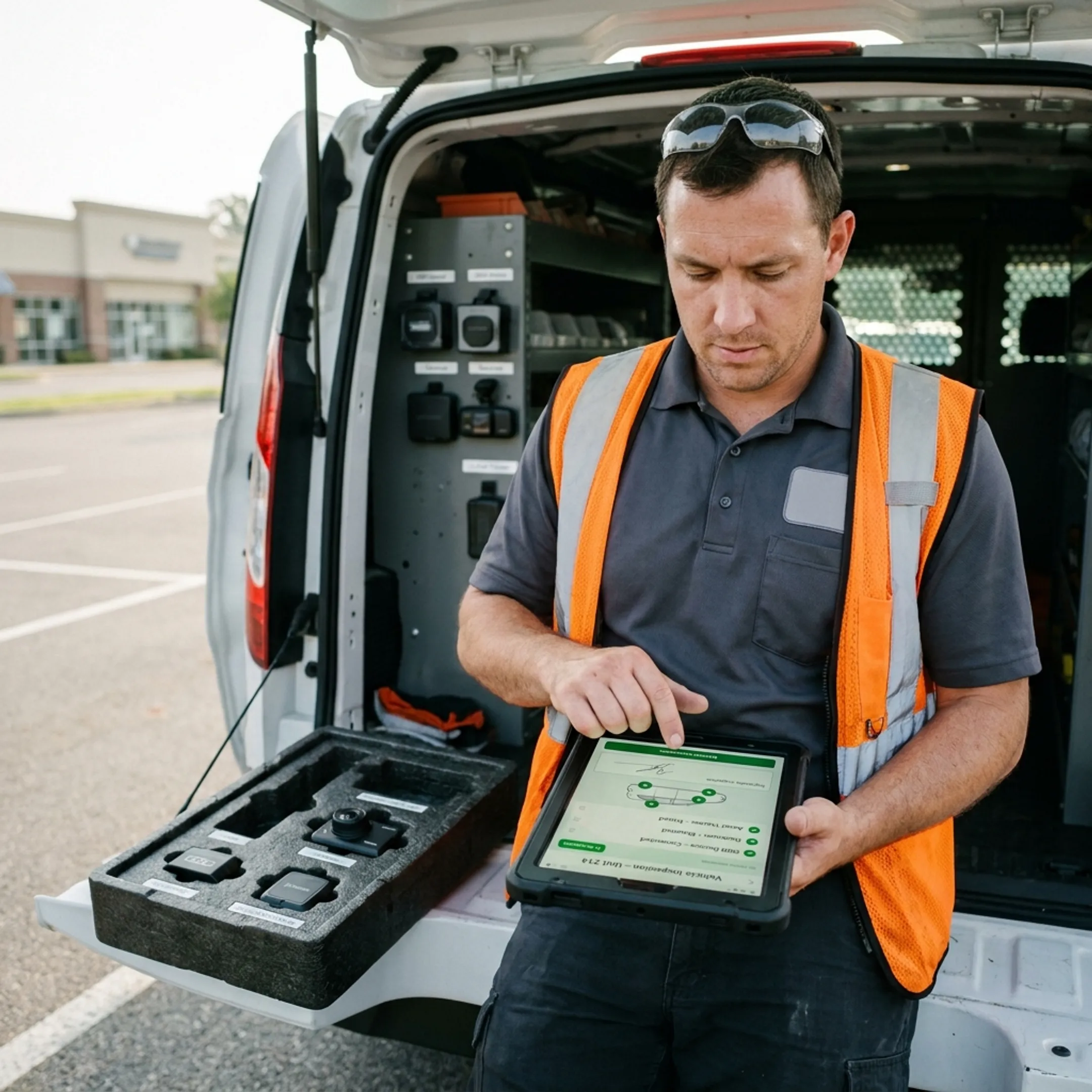 Technician completing a digital equipment inspection