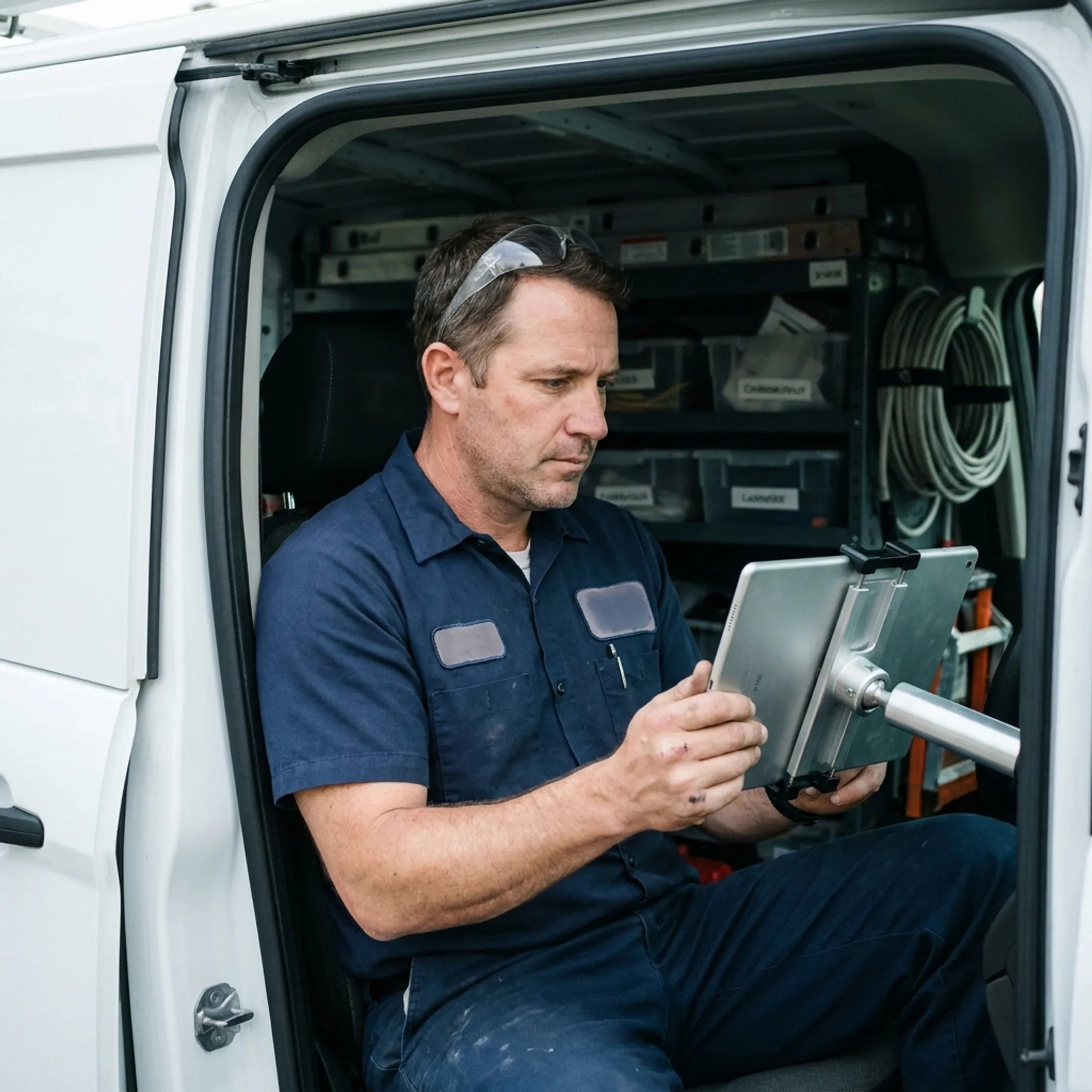 Electrical contractor reviewing fleet software