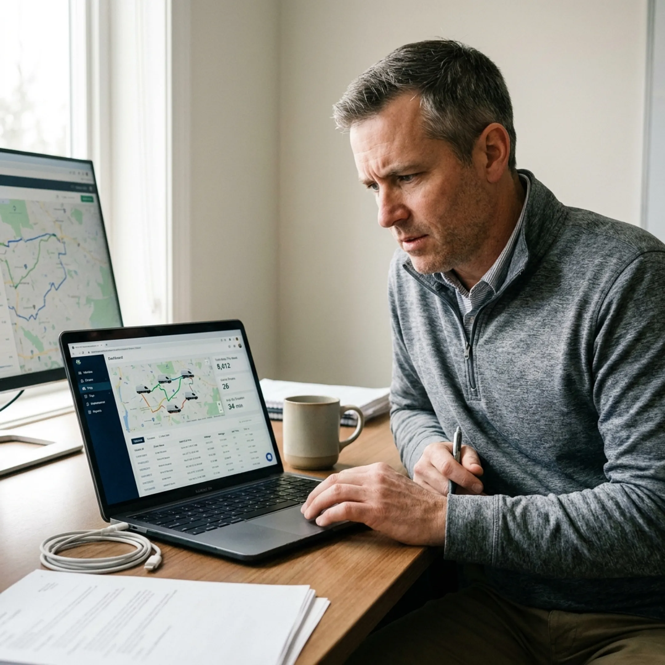 Fleet manager reviewing GPS trip mileage data
