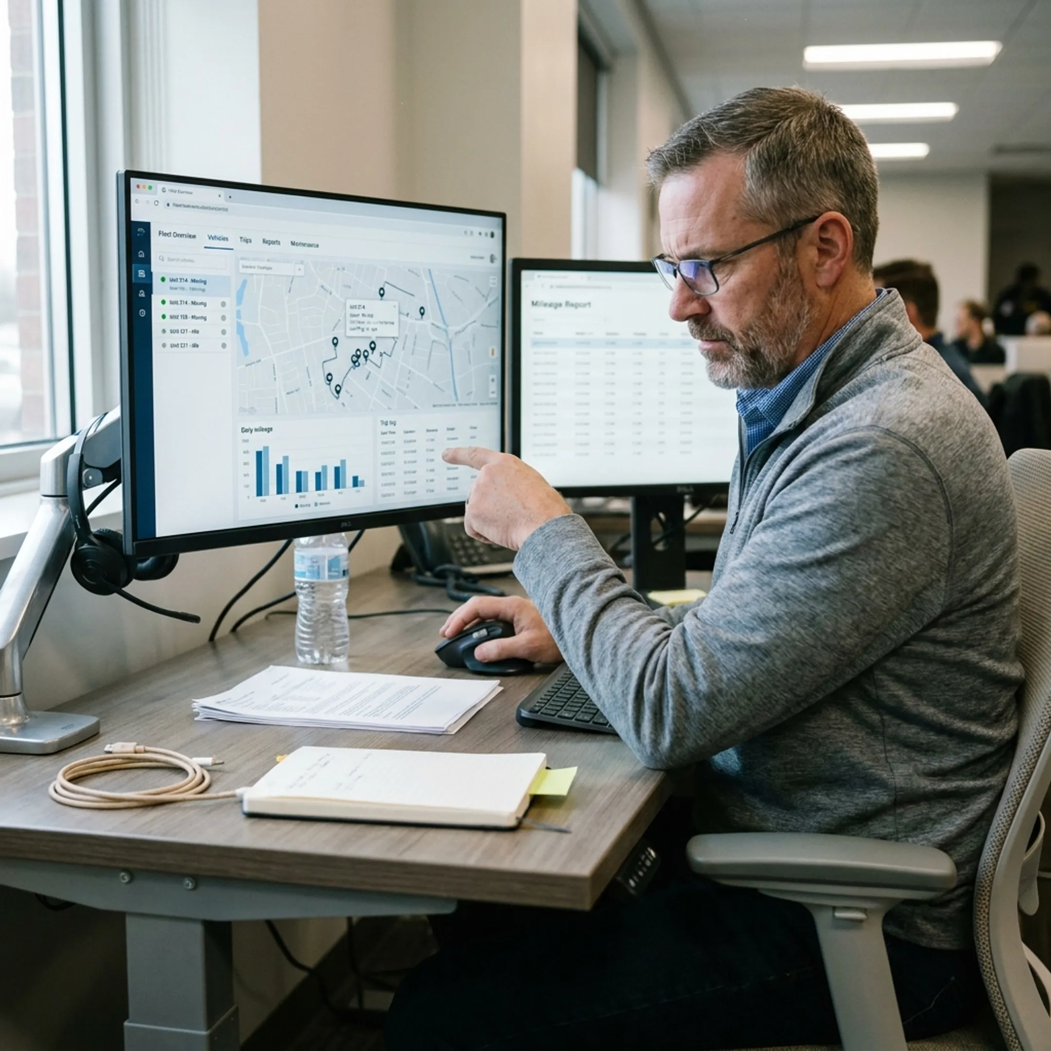 Fleet manager reviewing vehicle logbook data