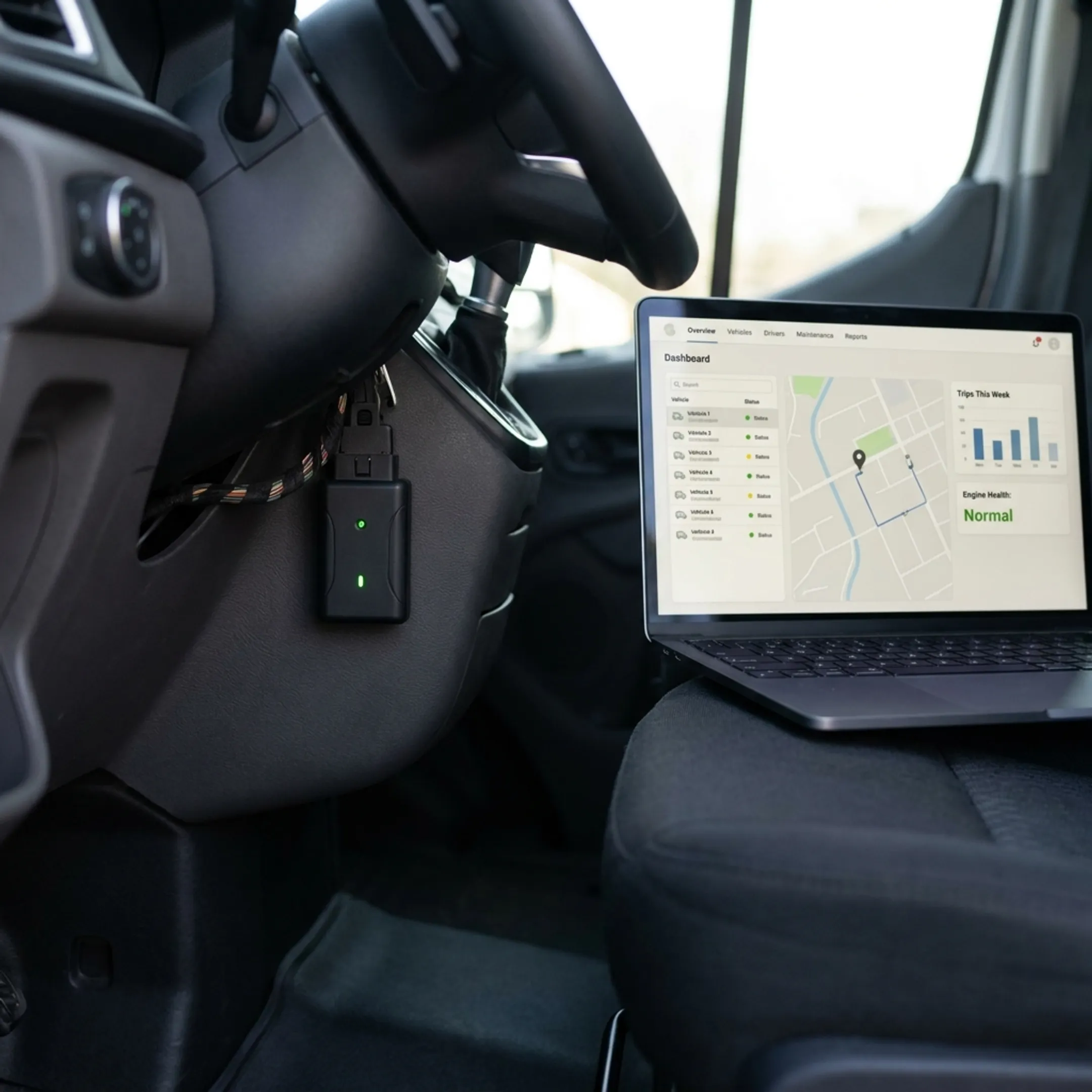 Connected vehicle tracker installed in fleet vehicle