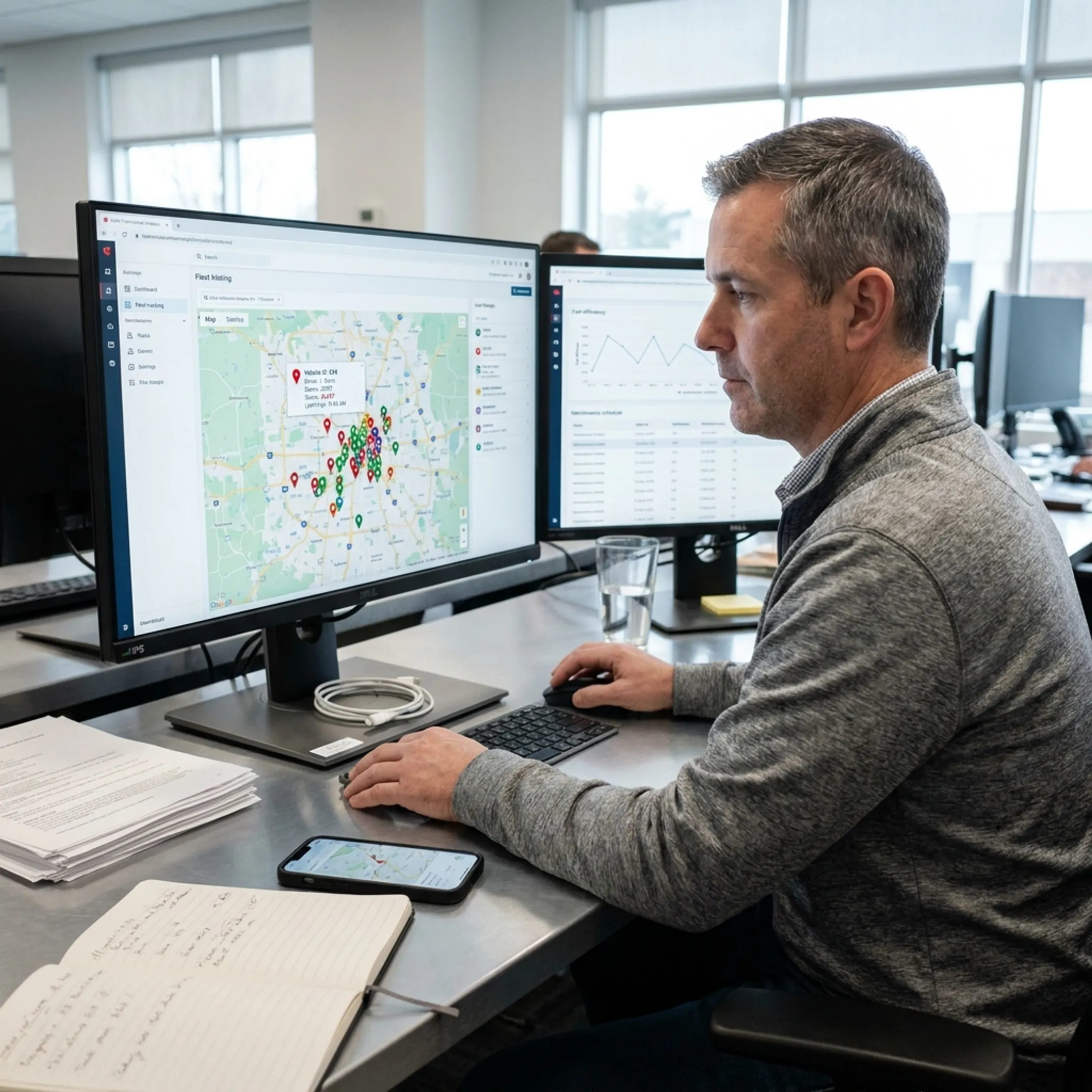 Fleet manager viewing live vehicle tracking map