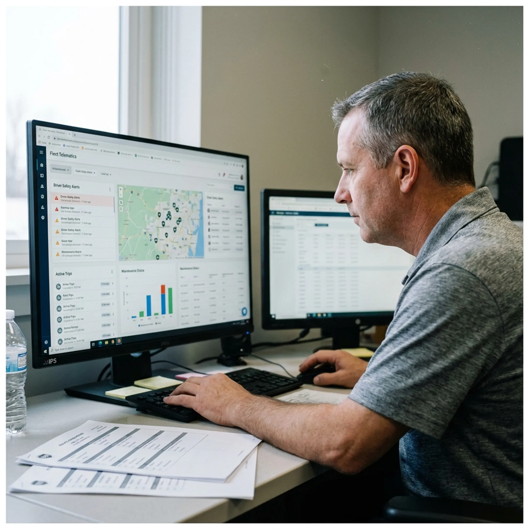 Dispatcher reviewing waste fleet performance data