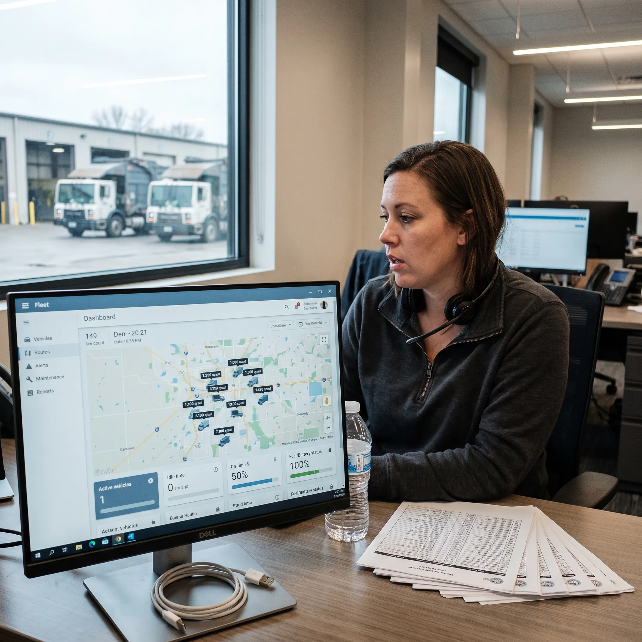 Waste collection truck fleet monitored on a dispatch map